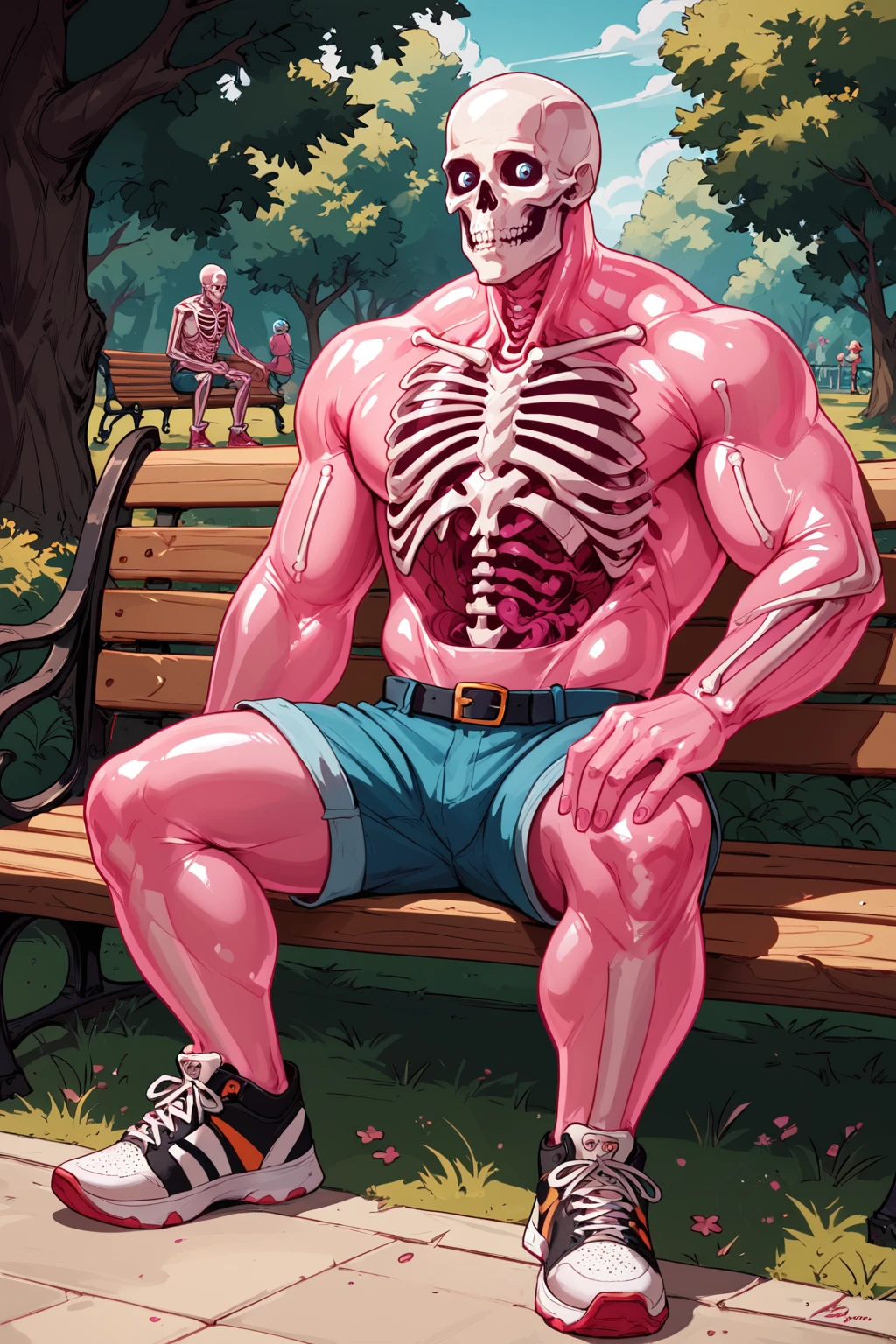 score_9, score_8_up, score_7_up, masterpiece, high quality <lora:Glob HermanPonyLora:1> 1boy, monster, skeleton, pink jelly, transparent, see throu, sitting on a park bench