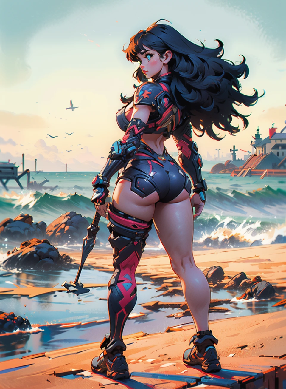 Masterpiece, Best Quality, (photorealistic:1.4), Warrior Girl, Curly Hair, in beach, Round Ass, Large Scale Girl Standing, High Details, Hyper Realistic, 8k HDR <lora:BWarrior:0.66>