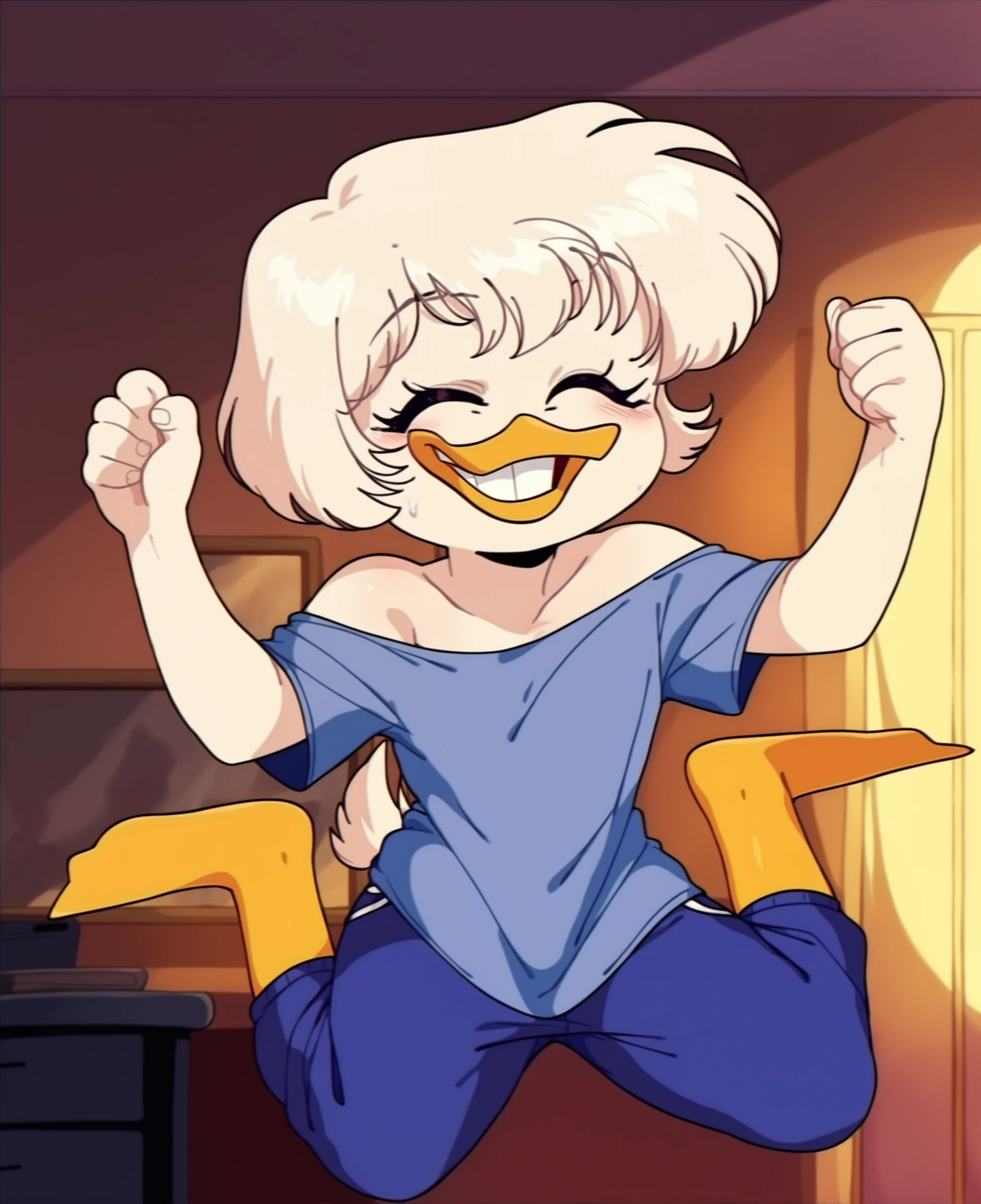 score_9, score_8_up, score_7_up, score_6_up, best quality, highres, source_furry BREAK vum BREAK
1girl, solo, inside, bedroom, duck, beak, webby vanderquack, young, white skin, white hair, short hair, clenched teeth, happy, eyes closed, open smile, raised eyebrows, baggy clothing, oversized t-shirt, off shoulder, hands up, jumping, sweatpants <lora:Webby_Vanderquack:1>
