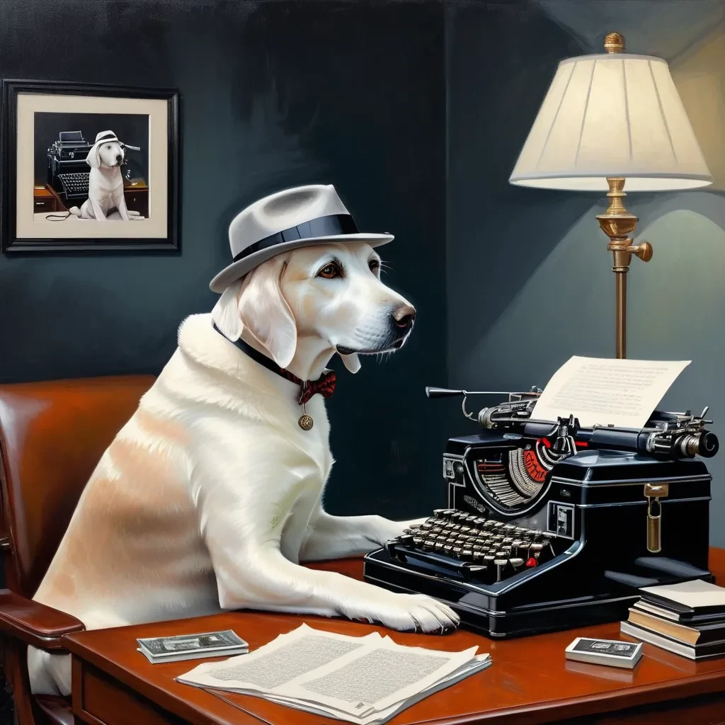 retro white Labrador Dog typing on a type writer on desk in office wearing a mafia pinstripe suit and fedora hat,  smokey neon glow, noir painting, art by Norman Rockwell <lora:Labrador Dog:1.2>