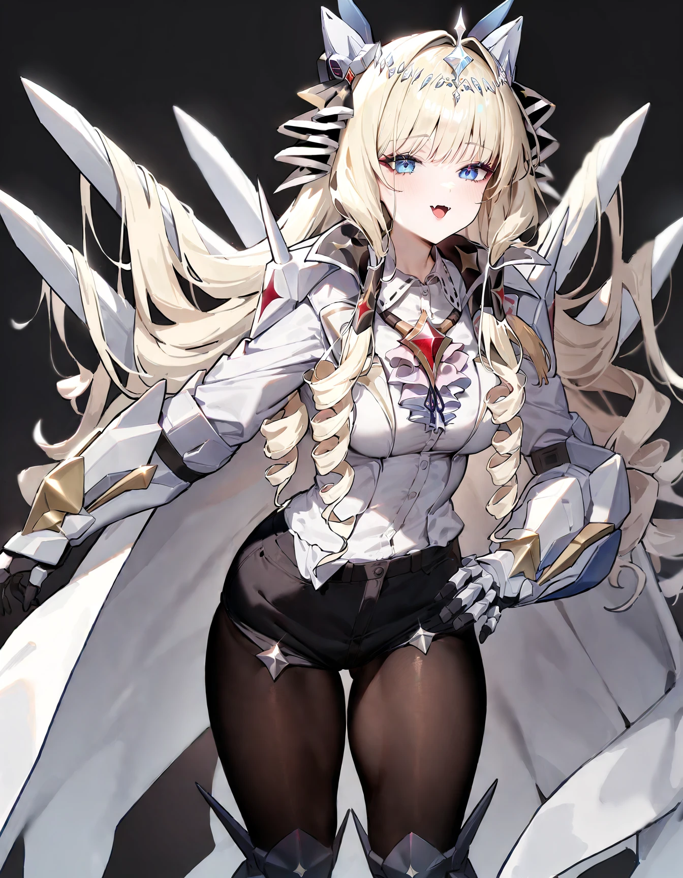 1girl, crown \(nikke\), nikke, armored gloves, black pantyhose, blonde hair, blue eyes, breasts, crown, gem, hair ornament, jewelry, pantyhose, small breasts, solo, spikes, simple background, twisted hair, standing, , masterpiece, best quality, very aesthetic, absurdres