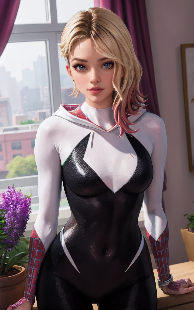 Costum_AcrossSpiderVerse_GwenStacy_ownwaifu,
1girl, blonde hair, short hair, blue eyes, eyebrow piercing, lips, freckles, blush, hair over one eye, multicolored hair, asymmetrical hair, two-tone hair, undercut, breasts, medium breasts, toned, makeup, red lips,
hooded bodysuit, spider web print, silk, white bodysuit, skin tight, mask removed, no mask, superhero, animification, covered navel, 
<lora:CARTOON_AcrossSpiderVerse_GwenStacy_ownwaifu:0.8> ,
((masterpiece)),((best quality)),(highres, absurdres), original, official_art, chromatic_aberration, bokeh, depth_of_field, window, wisteria, loaded_interior, skylight, sunset, indoors, window_shade, potted_plant, focused, looking at viewer, solo, cowboy shot,