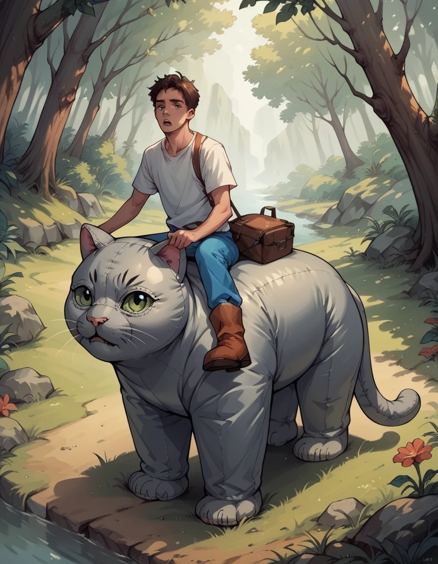 score_9, score_8_up, score_7_up, score_6_up, score_5_up, score_4_up, source_anime, best quality, hud_inf_eleph, 1boy, shirt, <lora:hud_inf_eleph_XLP:0.7>, riding inflatable cat