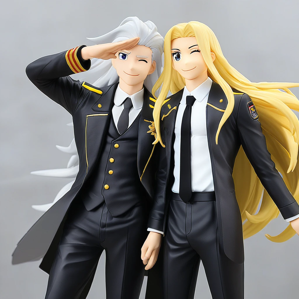 1boy, male focus, smile, one eye closed, winking, hand up, salute, long hair, black jacket, white shirt, collared shirt, black pants, necktie,