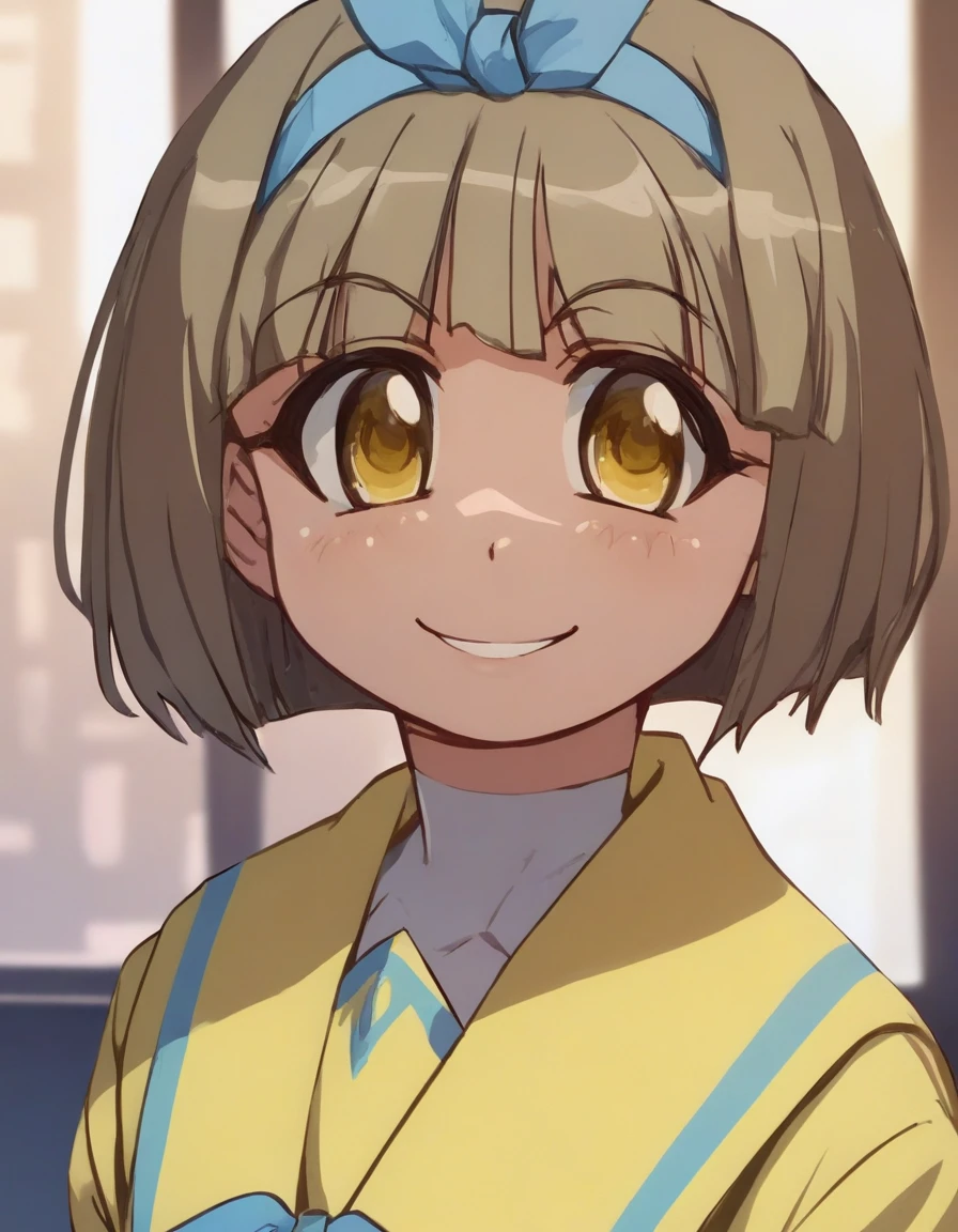 <lora:Smooth Anime 2 Style SDXL_LoRA_Pony Diffusion V6 XL:0.8> score_9, score_8_up, score_7_up, score_6_up, score_5_up, score_4_up, source_anime, BREAK, <lora:Yuzuko Kurusu PONY:1> 1girl, yuzuko kurusu, brown hair, short hair, hairband, yellow eyes, yellow school uniform, solo, smile