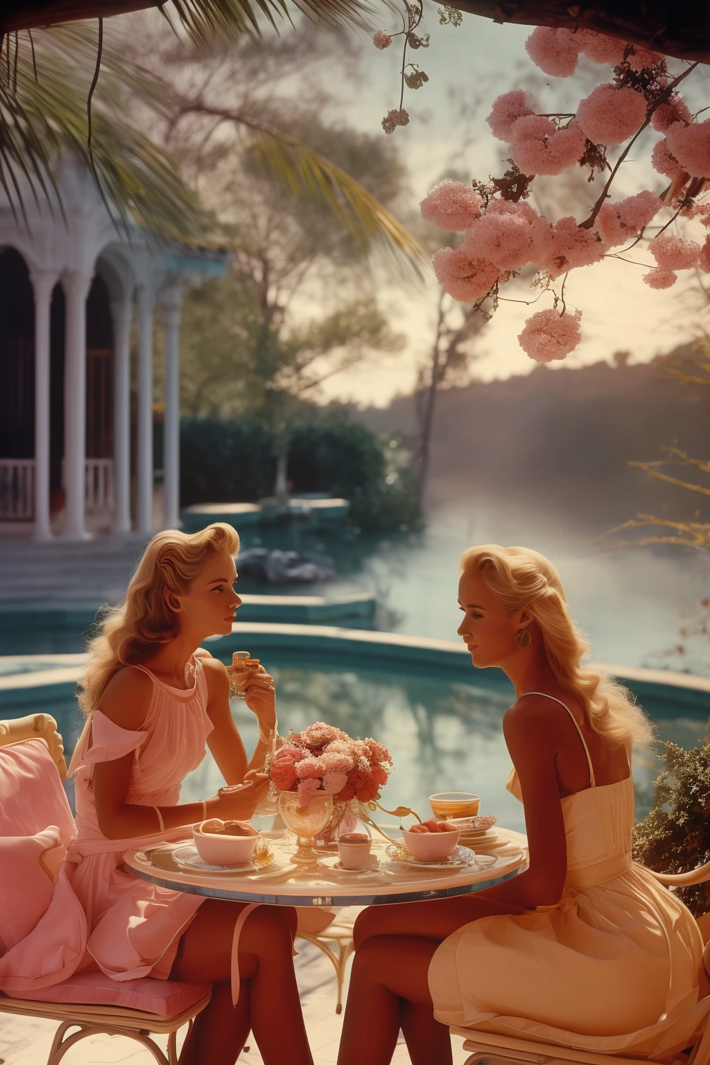 masterpiece,best quality,outdoor,style of Slim Aarons,<lora:tbh103-:1>,2girls,table,