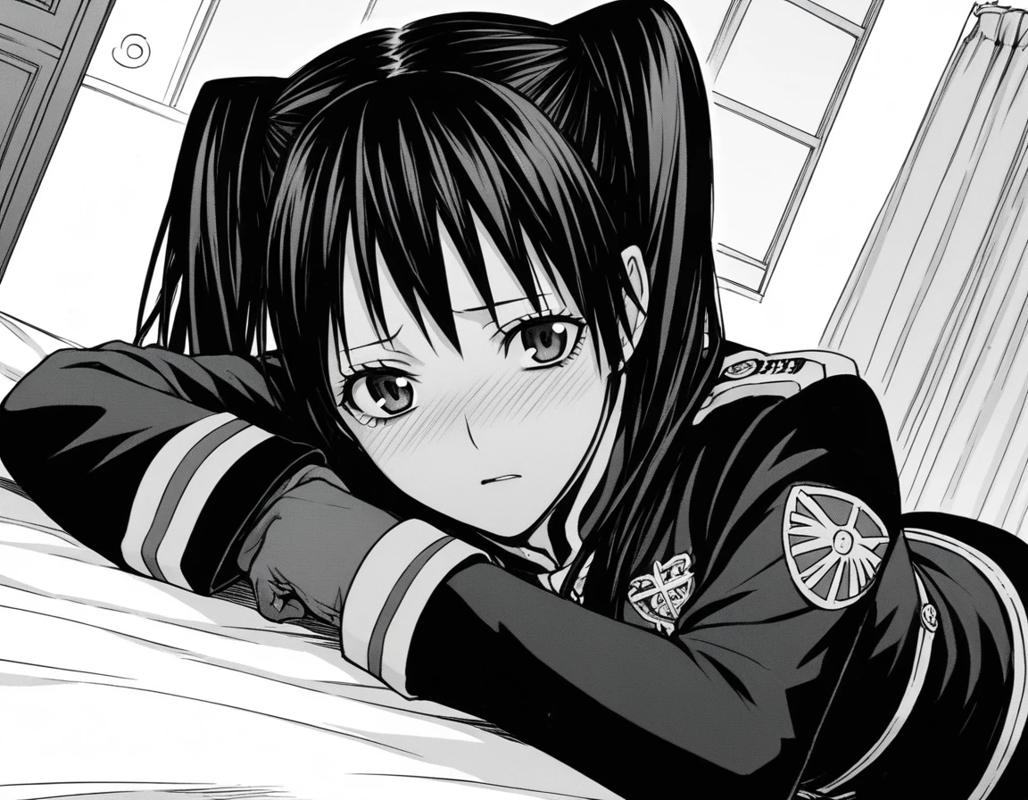 score_9, score_8_up, score_7_up, source_anime,
lenaleelee, <lora:lenalee-lee-manga-ponyxl-lora-nochekaiser:1>,
lenalee lee, long hair, bangs, twintails, monochrome, greyscale,
gloves, uniform, military, military uniform,
indoors, bed, bed room, on side, blush, drunk,
looking at viewer, solo, cowboy shot, dutch angle,