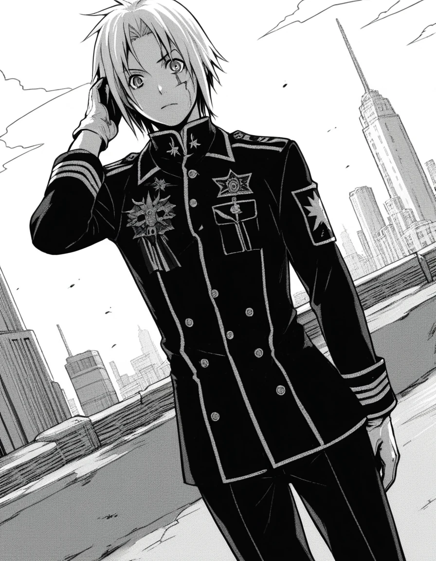 score_9, score_8_up, score_7_up, source_anime,
allenwalker, <lora:allen-walker-manga-ponyxl-lora-nochekaiser:1>,
allen walker, short hair, monochrome, greyscale, scar,
gloves, uniform, military, military uniform,
outdoors, cityscape,
looking at viewer, solo, cowboy shot, dutch angle,