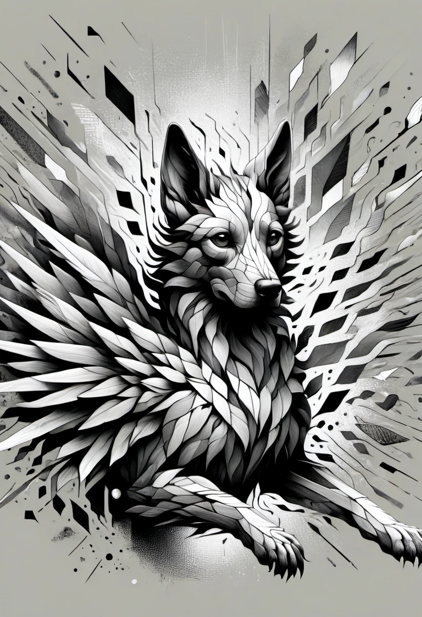 DonMFr4ctur3dD1ffXL illustration medium gargantuan woven otherworldly appendage-rich soul, multipedal multipedal, six-fingered hands, multi-tailed, tufted-tailed, smooth skin, dog ears, phoenix wings,, dissolve, monochrome <lora:DonMFr4ctur3dD1ffXL-000008:1.0>