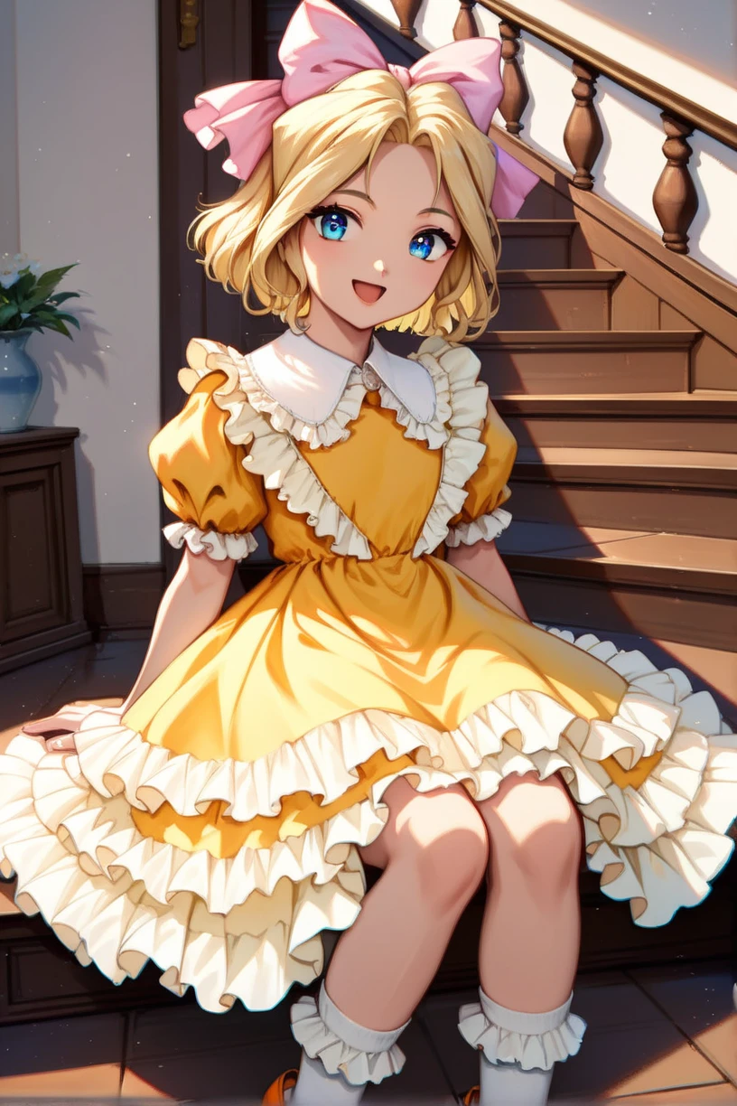 score_9, score_8_up, score_7_up, very aesthetic, source_anime, detailed, high quality, beautiful, masterpiece, detailed eyes,
indoor, stairs, light beams
<lora:lightXL:0.8>
sitting, looking at viewer,
flat chest, smile, open mouth,
<lora:iris_autismConfetti_v01:0.95>
irisBase, blonde hair, blue eyes, hair bow, pink bow, short hair, parted bangs,
yellow dress, frills, white puffy sleeves, short sleeves, layered dress, lace white socks, orange footwear,, zPDXL