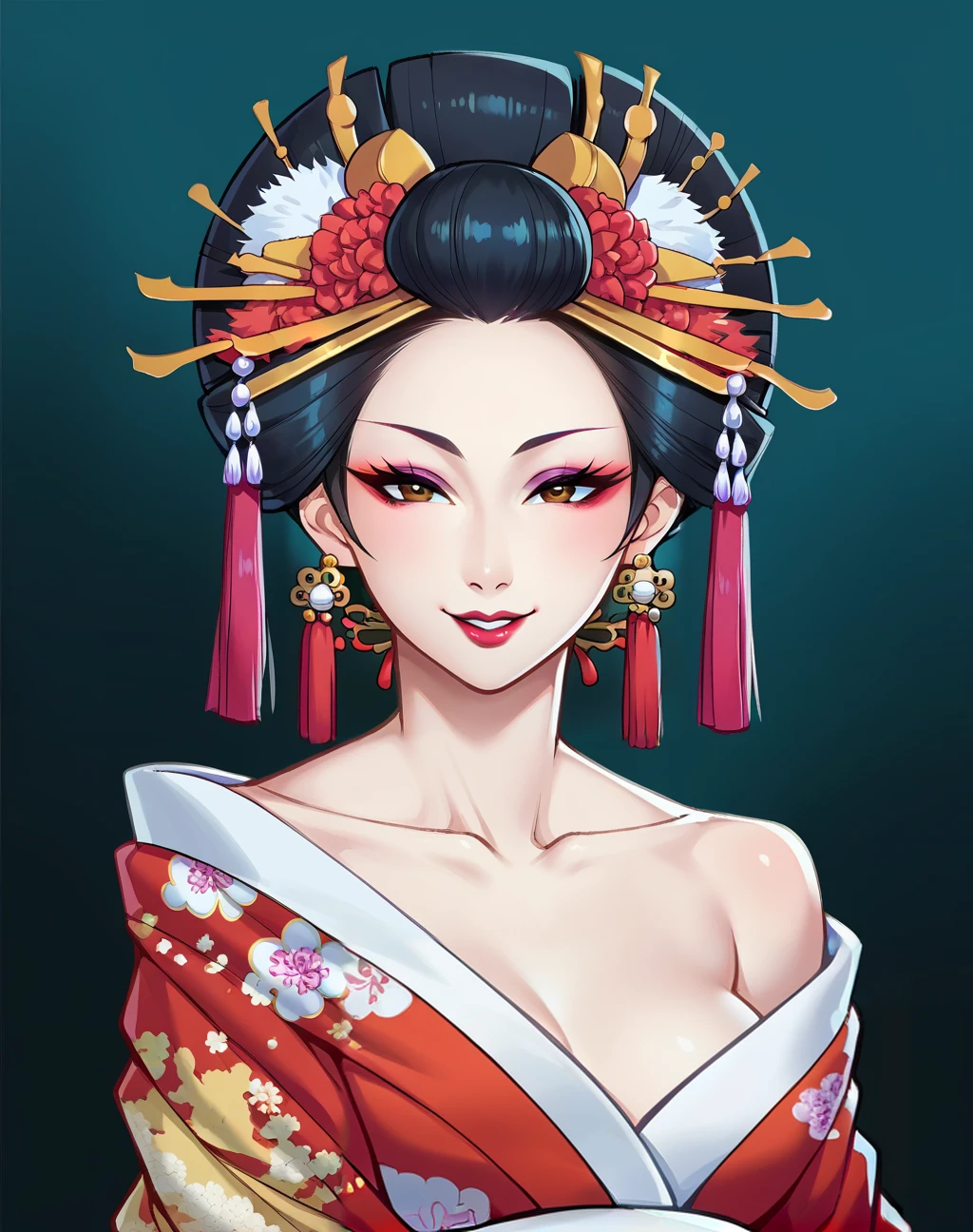 score_9, score_8_up, score_7_up, score_6_up, score_5_up, score_4_up, BREAK ,cowboy shot,1girl,solo,smile,source_anime,digital painting,
beautiful edgOiran_woman,off-shoulder kimono,perfect edgOiran_face,perfect edgOiran_body,edgOiran_makeup,edgOiran_hairstyle,meakeup,puffy lips,lipstick,eyeshadow,portrait
 <lora:edgOiranPonyv1:1>