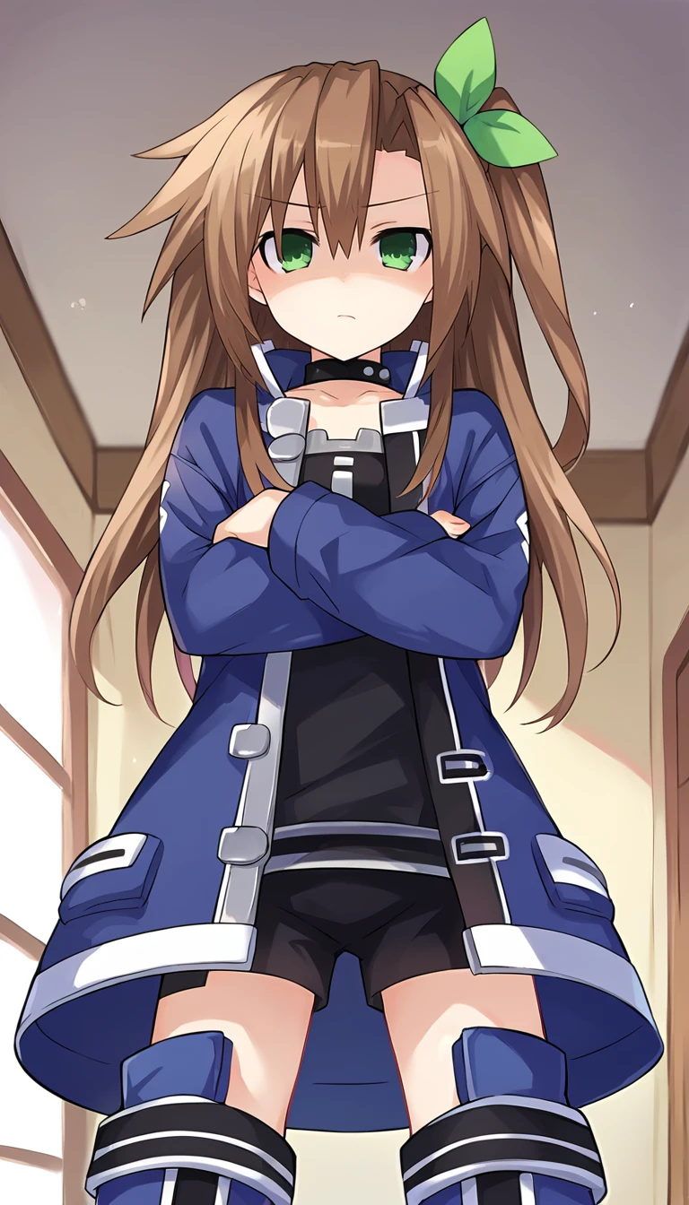 score_9, score_8_up, score_7_up, score_6_up, score_5_up, source_anime, 1girl, solo, brown hair, long hair, green eyes, green bow, ribbon, one side up, choker, shaded face, disappointed, concerned, blue jacket, collar, boots, black shorts, black shirt, standing, arms crossed, looking at viewer, looking down, from below, pov, indoors, <lora:IF_Neptunia_PonyXL:0.8>, IF \(neptunia)\