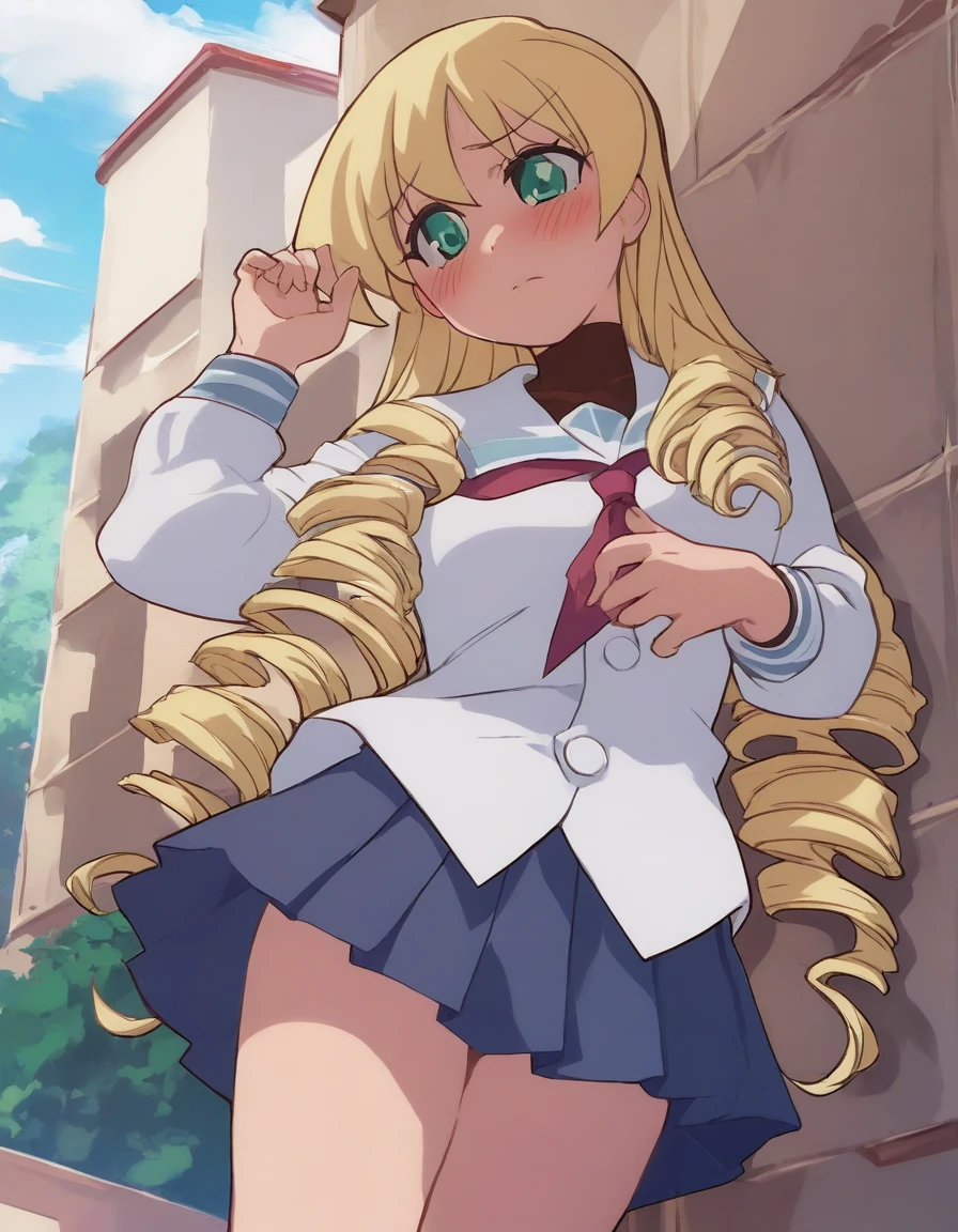 <lora:Smooth Anime 2 Style SDXL_LoRA_Pony Diffusion V6 XL:0.8> score_9, score_8_up, score_7_up, score_6_up, score_5_up, score_4_up, source_anime, BREAK, <lora:Nanjo Misao PONY:1> 1girl, nanjo misao, blonde hair, long hair, white school uniform, green eyes, drill hair, skirt, blushing, outside, sunny