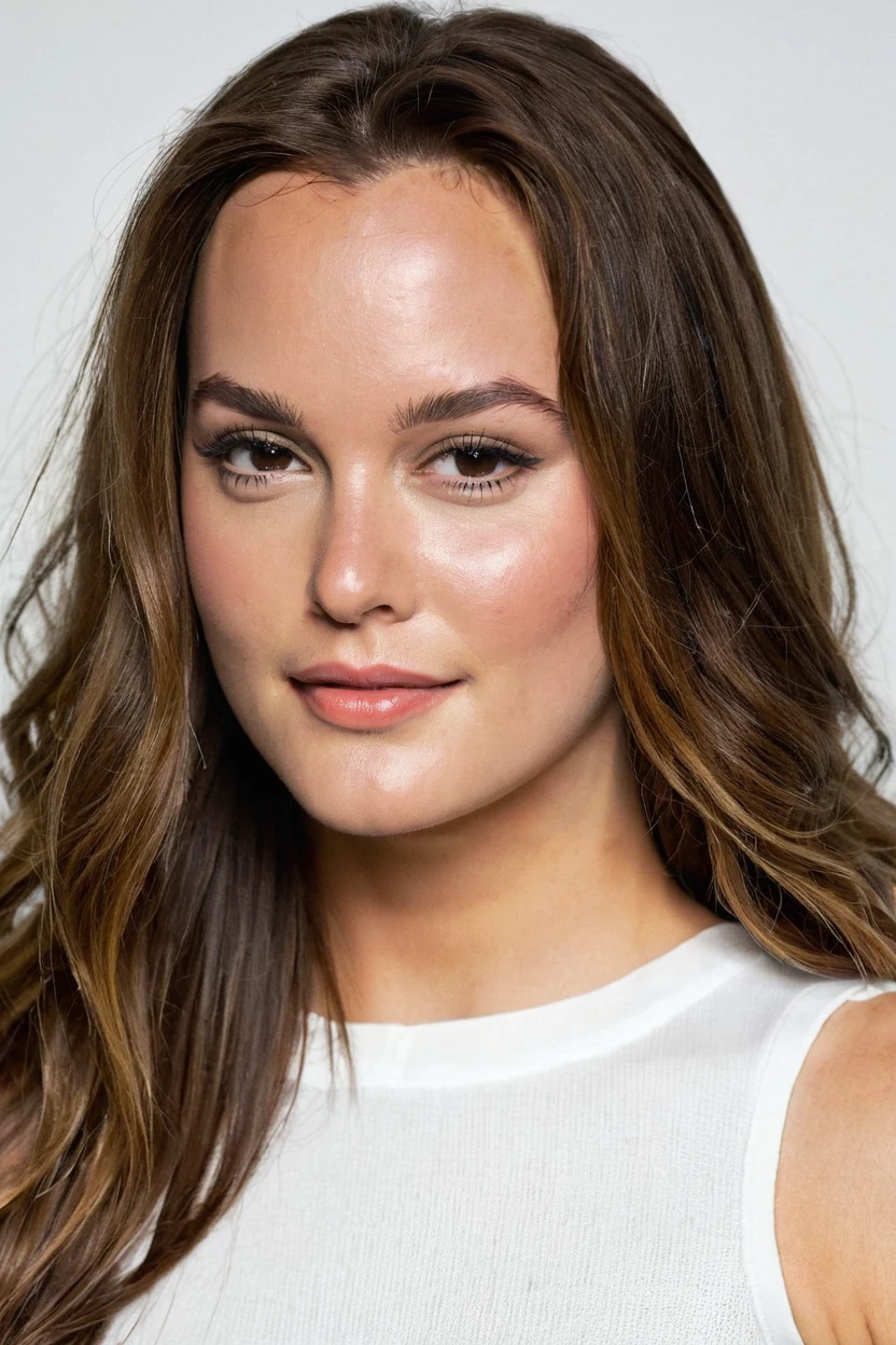 candid photo of a young ohwx woman,wearing a white top, long hair,natural lighting,natural skin,portrait,plain background, <lora:Leighton_Meester-000006:0.7>