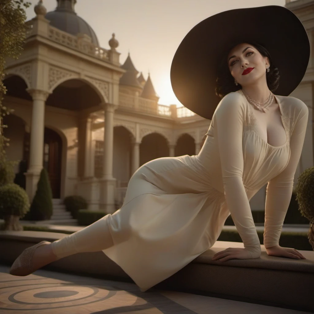 cinematic photo a full body woman with a dress and a hat, large breast, mansion garden background <lora:LadyDimitrescu1024:0.8>  . 35mm photograph, film, bokeh, professional, 4k, highly detailed