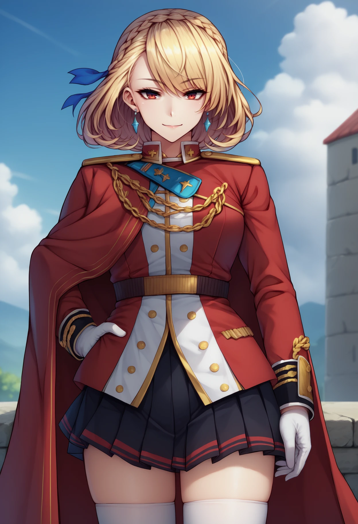 score_9, score_8_up, score_7_up, source_anime, 1girl, IncrsPrncWlsDef, crown braid, french braid, short hair, bangs, hair ribbon, jewelry, earrings, red cape, white gloves, pleated skirt, black skirt, military uniform, white thighhighs, uniform, zettai ryouiki, miniskirt, long sleeves, epaulettes, outdoors, seductive smile, hands on own hips, <lora:PrinceOfWales_XLPD:1>