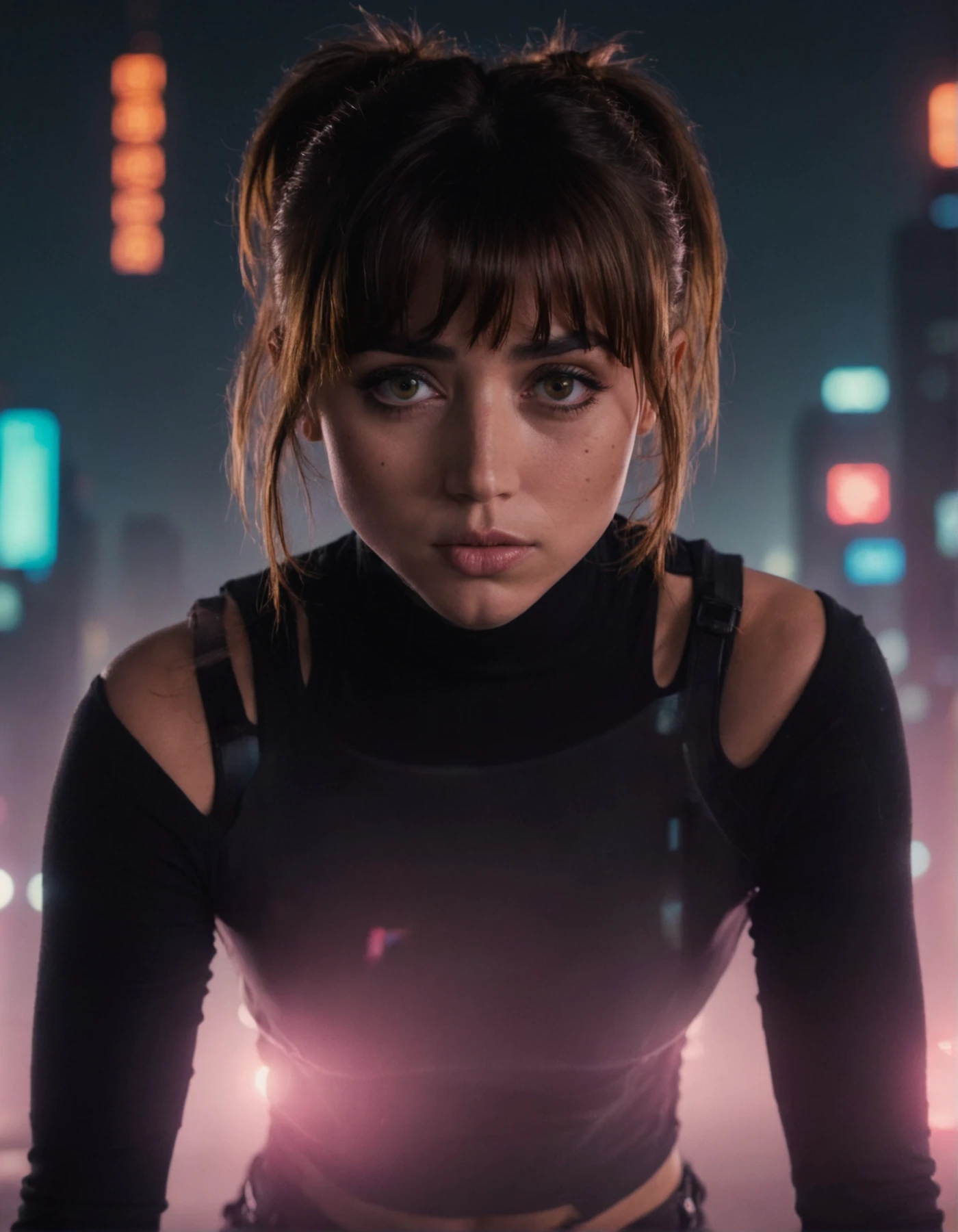 j0i woman,her hair is styled with bangs ,dramatic lighting,volumetric lighting,film grain,cinematic,looking at camera,depth of field,bokeh,wearing black outfit, full body shot,cyberpunk cityscape background