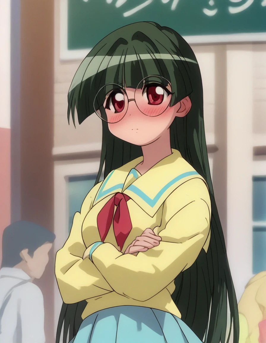 <lora:Smooth Anime 2 Style SDXL_LoRA_Pony Diffusion V6 XL:0.8> score_9, score_8_up, score_7_up, score_6_up, score_5_up, score_4_up, source_anime, BREAK, <lora:Tachibana Rei PONY:1> 1girl, tachibana rei, green hair, long hair, glasses, red eyes, yellow school uniform, skirt, blushing, outside, sunny