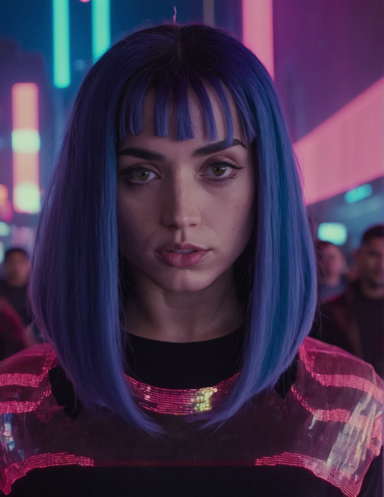 j0i woman,she has blue hair,(she is a hologram),dramatic lighting,volumetric lighting,film grain,cinematic,looking at camera,depth of field,bokeh,cyberpunk cityscape background