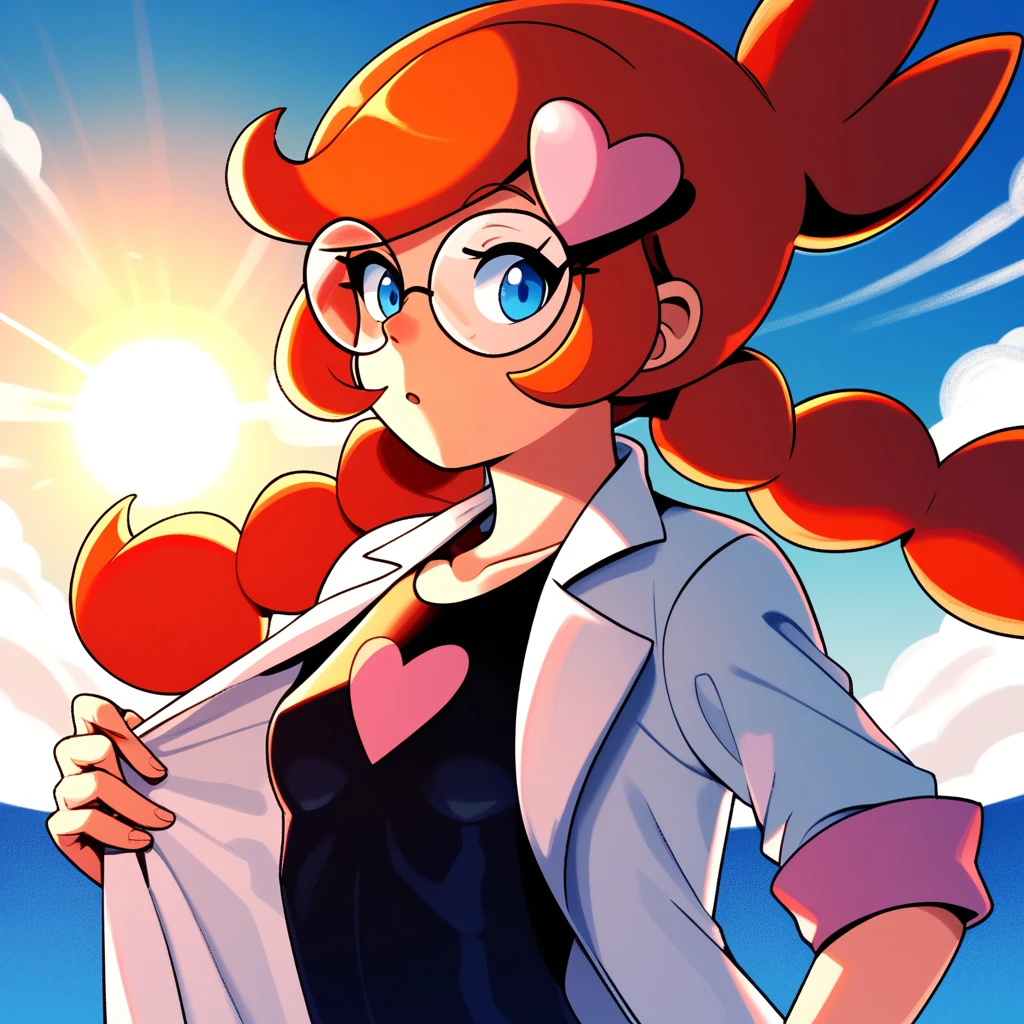 score_9_up, score_8_up, score_7_up, score_6_up, best quality, masterpiece, source_cartoon, detailed background, blue background, sun, sun rays, clouds, BREAK 1girl, solo, penny_(\warioware\), large head, orange hair, blue eyes, braids, glasses, pink hairpin, labcoat, black bodysuit, short sleeves, undressing, <lora:PDXL_Penny_WW:1>