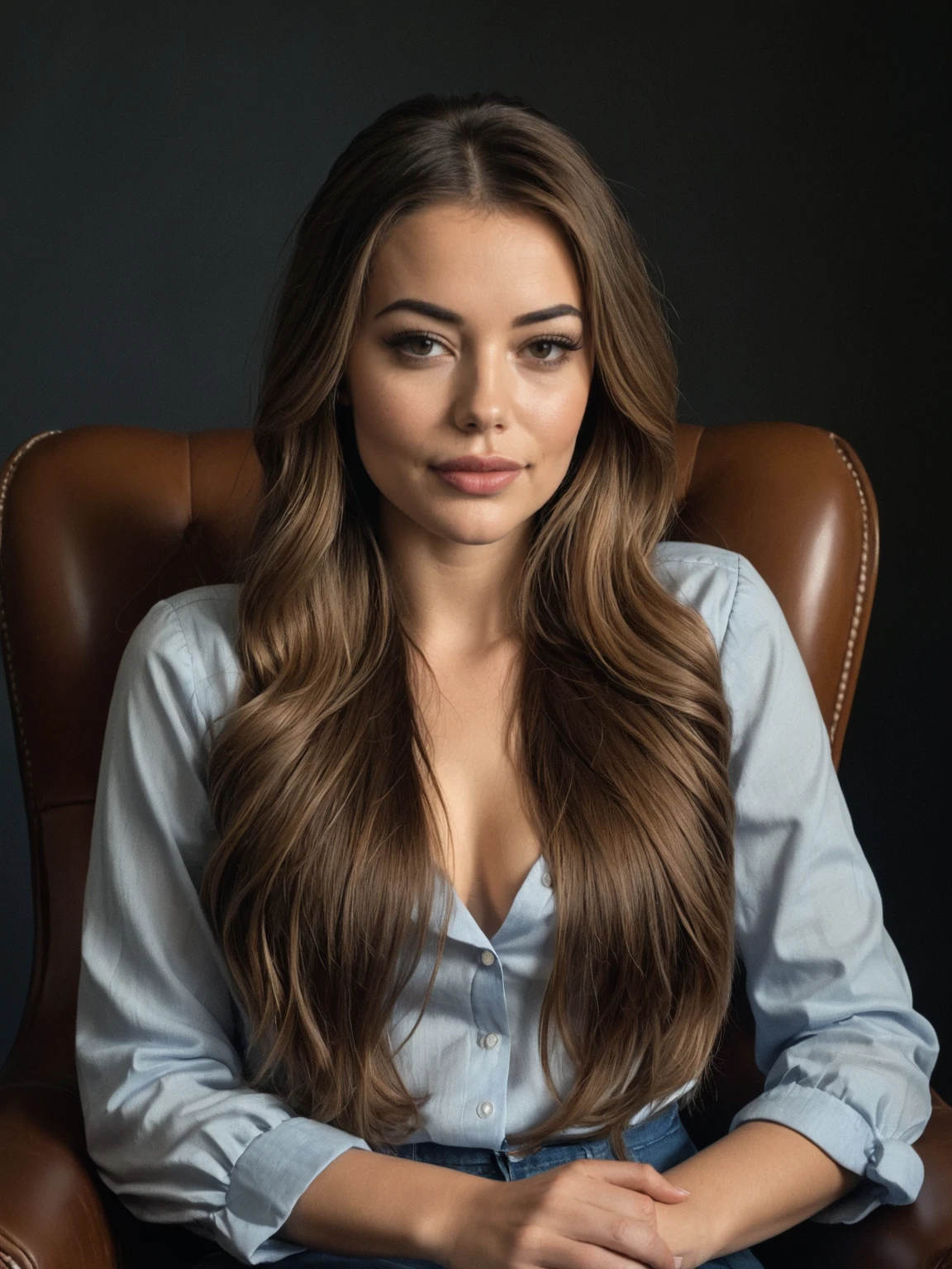 portrait photo of a woman, sitting in a chair, realistic, long hair   <lora:T1gerL1lly:1> t1gerl1lly