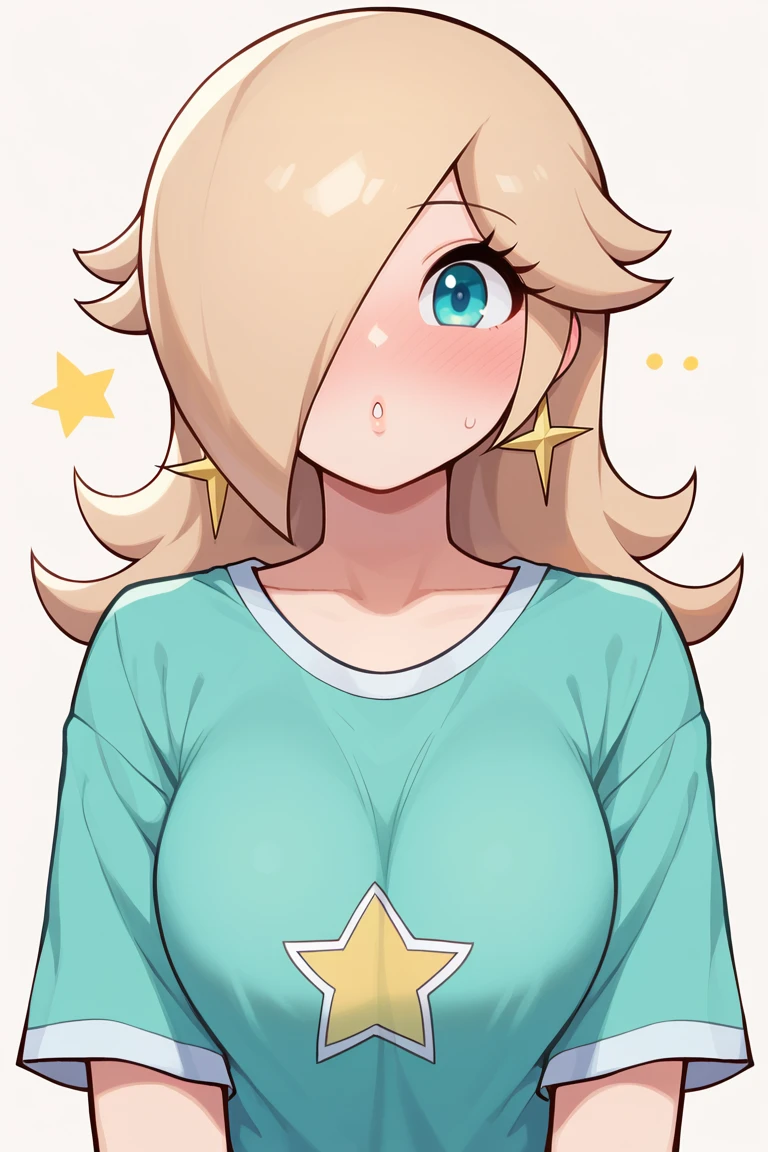 score_7_up, BREAK <lora:ssambatea-guy-PONYv1:1>, 1girl, solo, rosalina, oversized shirt, portrait, looking at viewer, blush,