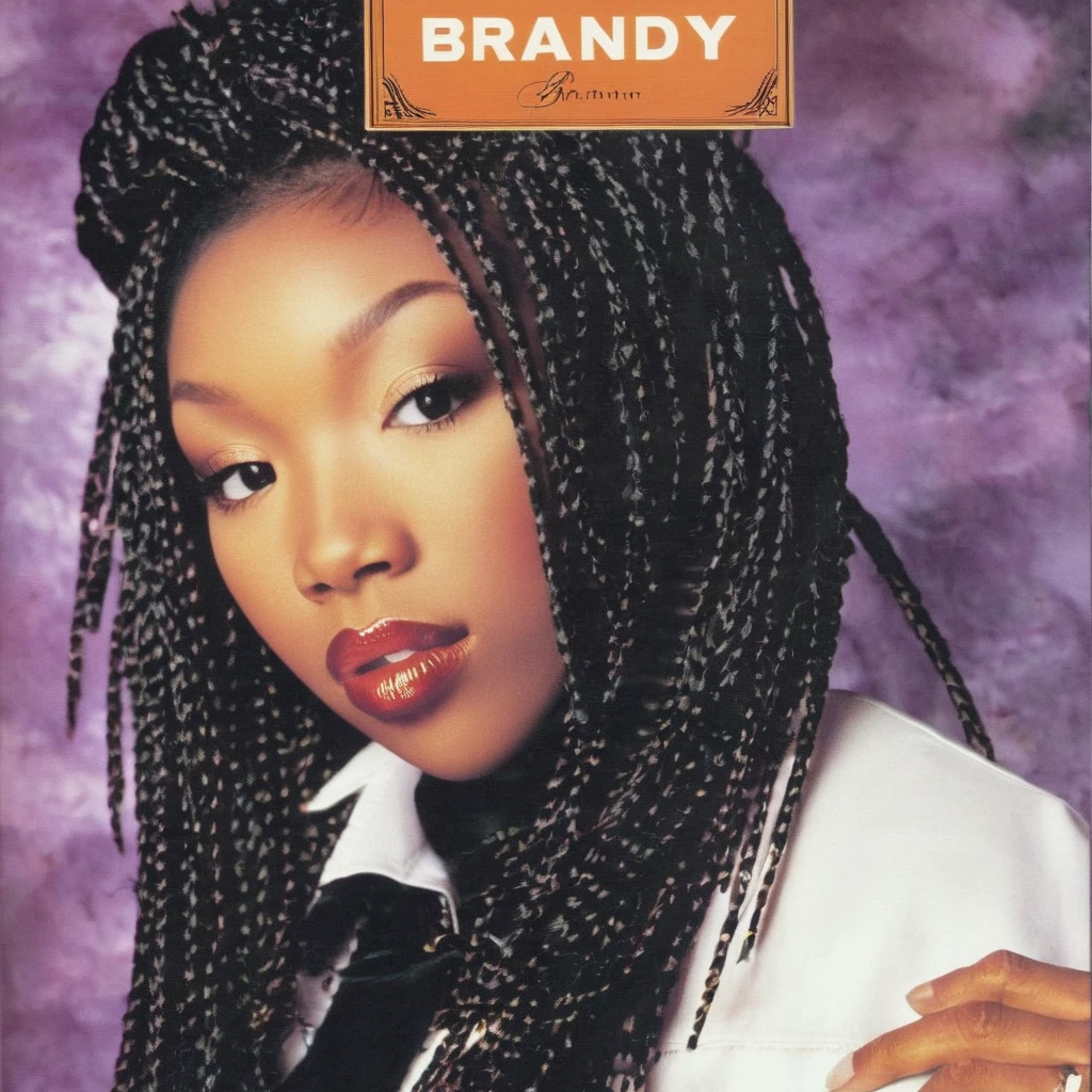 a 1995s album cover, with a photo of brndi, <lora:brndiXL:1> brndi, brndi close up, brndi , ((album cover title: "Brandy":1))