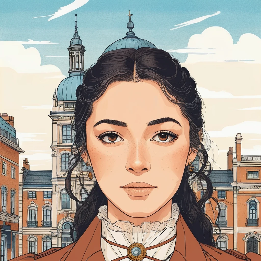 Studio ghibli style illustration of the face of a woman looking at the viewer with a victorian city square in the background,   olxdunne,    <lora:oliviadunne_juggerX_xl_1_st_wocap-olxdunne-000081:1>