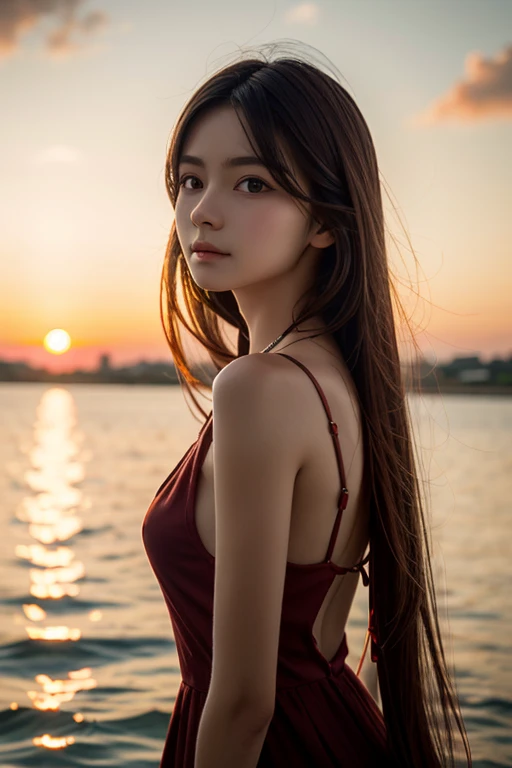 A girl stands alone, long white hair, princess cut, cherry-colored plumage, walking quietly on the water surface, sunset, backlight, depth of field, blurred background, orange-tinged tone correction, best quality, masterpiece, (realistic:0.8), detailed face, beautiful eyes,