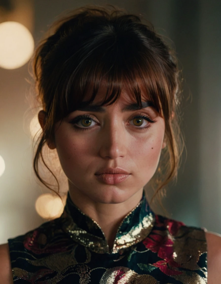 j0i woman,her hair is styled with bangs ,dramatic lighting,volumetric lighting,film grain,cinematic,looking at camera,depth of field,bokeh,wearing multicolored dress