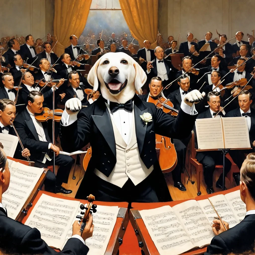 painting of a Labrador Dog wearing a tuxedo and conducting a symphony orchestra, art by Norman Rockwell <lora:Labrador Dog:1>