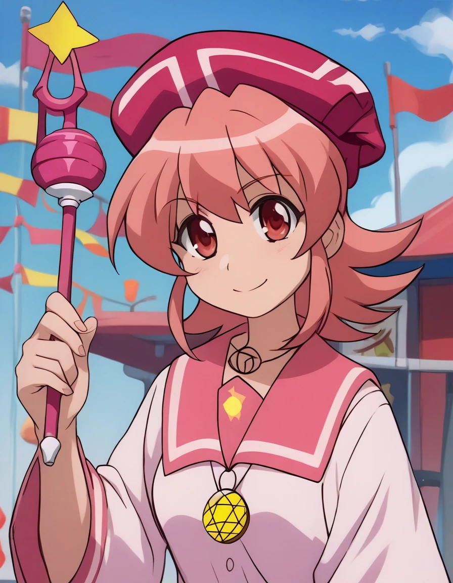 <lora:Smooth Anime 2 Style SDXL_LoRA_Pony Diffusion V6 XL:0.8> score_9, score_8_up, score_7_up,  score_6_up, score_5_up, score_4_up,  source_anime,  BREAK,  <lora:Behoimi PONY:1> 1girl, behoimi, short pink hair, pink school uniform, pink eyes, wand, pentagram necklace, hat, solo, smile