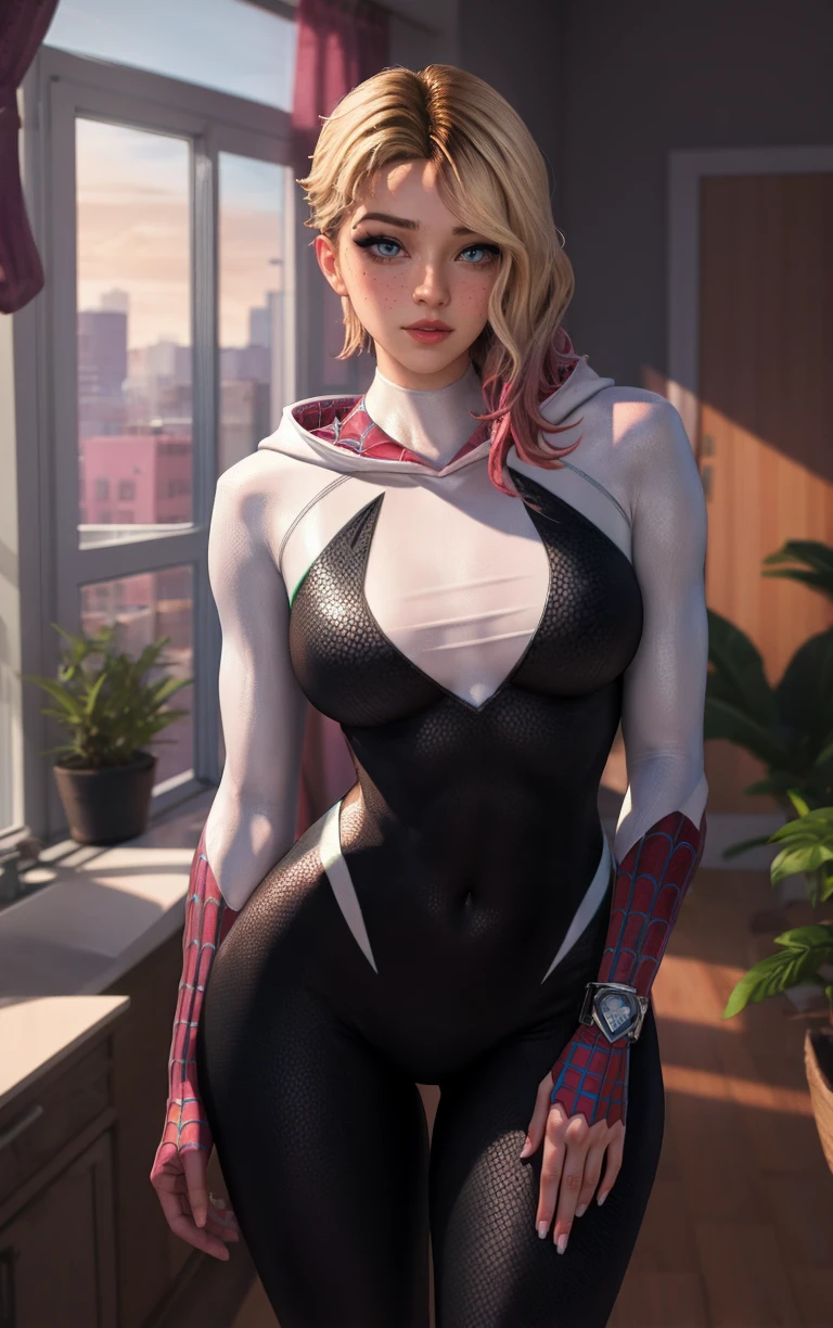 Costum_AcrossSpiderVerse_GwenStacy_ownwaifu,
1girl, blonde hair, short hair, blue eyes, eyebrow piercing, lips, freckles, blush, hair over one eye, multicolored hair, asymmetrical hair, two-tone hair, undercut, breasts, medium breasts, toned, makeup, red lips, mask removed,  no mask, 
hooded bodysuit, spider web print, silk, white bodysuit, skin tight, superhero, animification, covered navel, 
<lora:CARTOON_AcrossSpiderVerse_GwenStacy_ownwaifu:0.9> ,
((masterpiece)),((best quality)),(highres, absurdres), original, official_art, chromatic_aberration, bokeh, depth_of_field, window, wisteria, loaded_interior, skylight, sunset, indoors, window_shade, potted_plant, focused, looking at viewer, solo, cowboy shot,