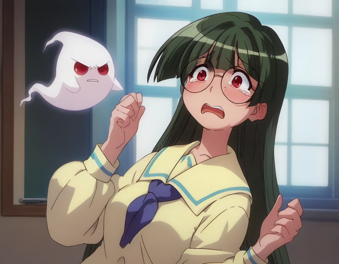 <lora:Smooth Anime 2 Style SDXL_LoRA_Pony Diffusion V6 XL:0.8> score_9, score_8_up, score_7_up,  score_6_up, score_5_up, score_4_up,  source_anime,  BREAK,  <lora:Tachibana Rei PONY:1> 1girl, tachibana rei, green hair, long hair, glasses, red eyes, school uniform, in a haunted house, ghosts, scared, tears