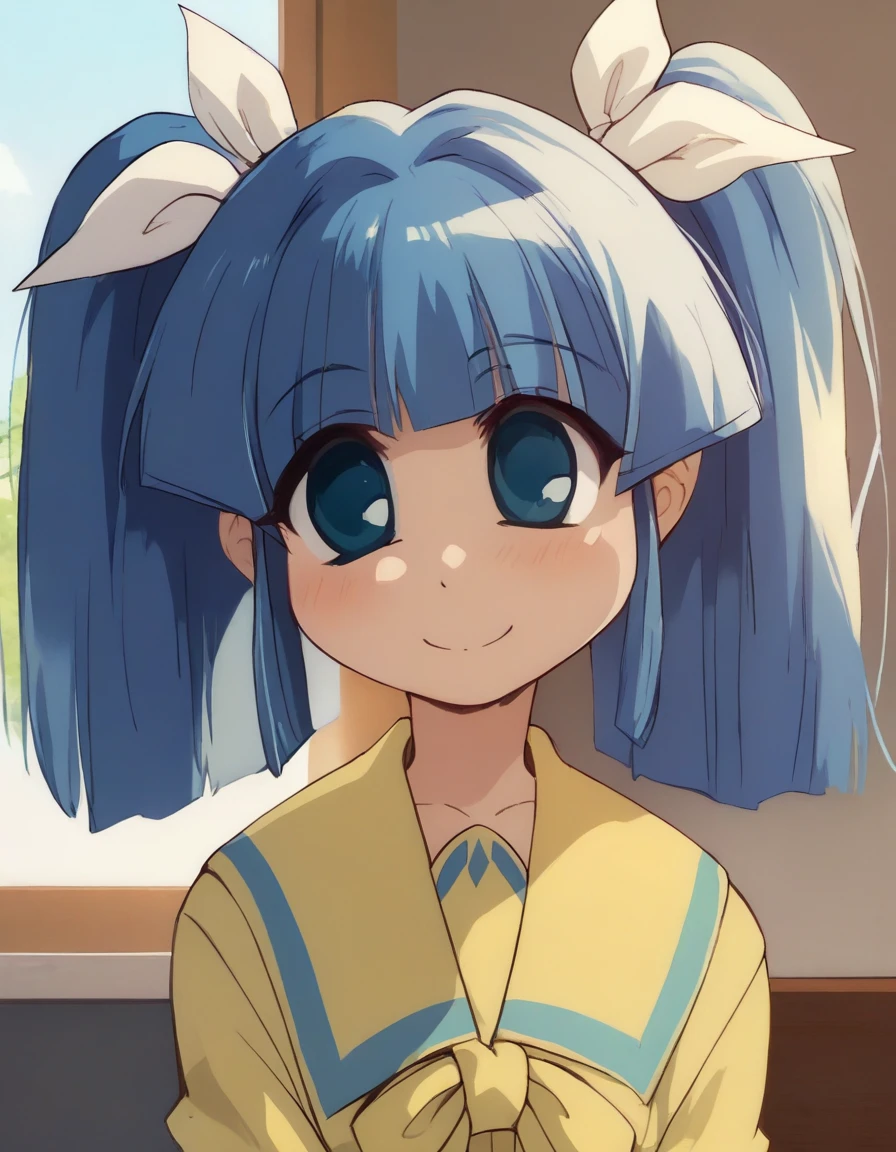 <lora:Smooth Anime 2 Style SDXL_LoRA_Pony Diffusion V6 XL:0.8> score_9, score_8_up, score_7_up, score_6_up, score_5_up, score_4_up, source_anime, BREAK, <lora:Suzuki Sayaka PONY:1> 1girl, suzuki sayaka, blue hair, twintails, yellow school uniform, white ribbon, blue eyes, solo, smile