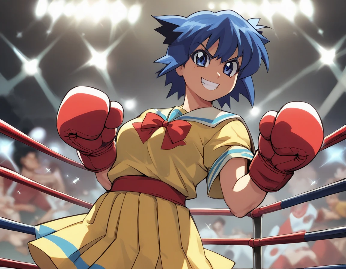<lora:Smooth Anime 2 Style SDXL_LoRA_Pony Diffusion V6 XL:0.8> score_9, score_8_up, score_7_up, score_6_up, score_5_up, score_4_up, source_anime, BREAK, <lora:Serizawa Akane PONY:1> 1girl, serizawa akane, short hair, blue hair, blue eyes, animal ears, (yellow school uniform), in a boxing match, boxing gloves, evil smile