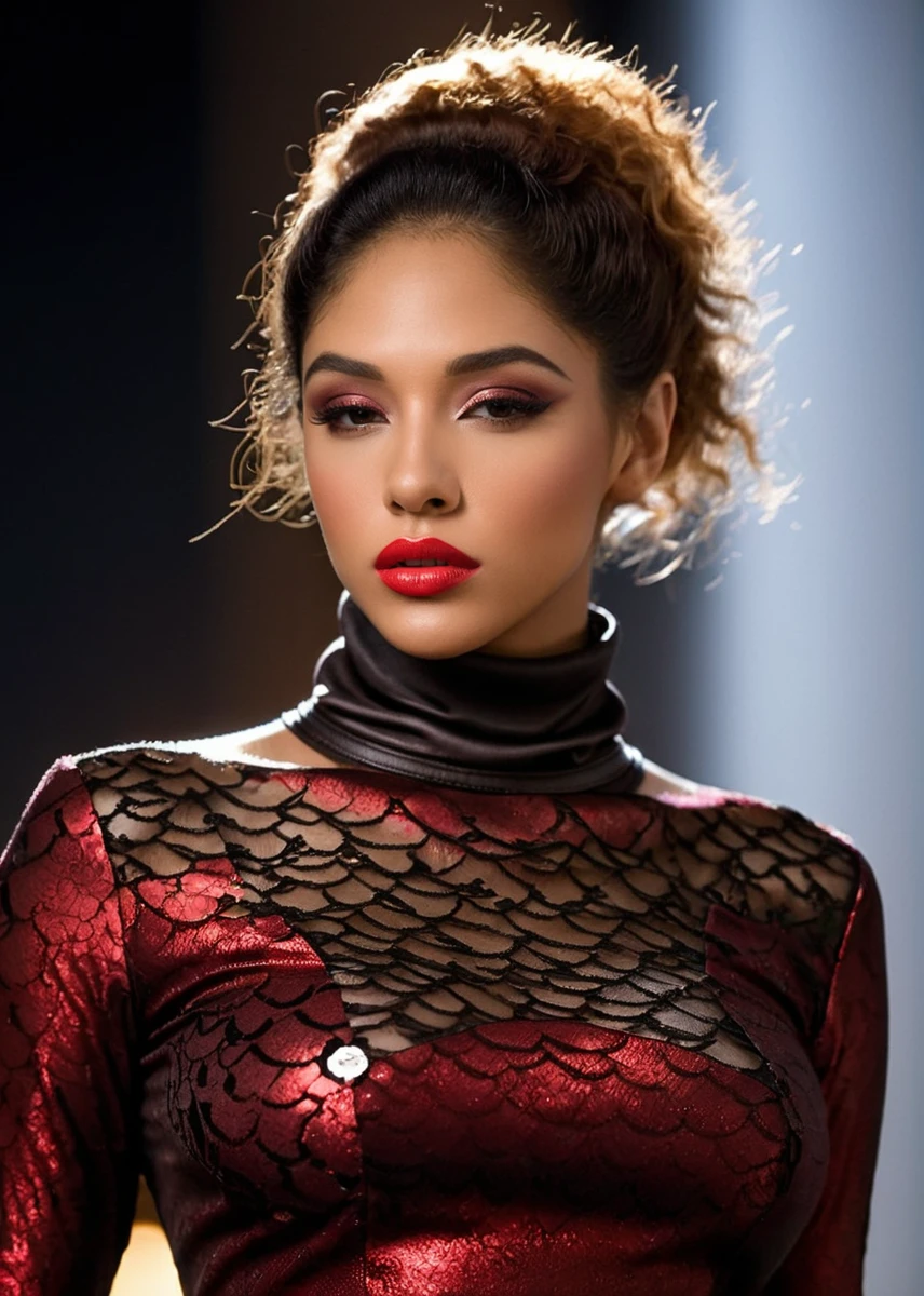 half body of A captivating masterpiece of an woman, (((dressed in a turtleneck Blouse))), The intricate lace and gold details exude a very rebellious aura. ((A bold and daring makeup look featuring ombre lips that transition from a deep, dark red at the center to a glossy black at the outer edges. The lips are expertly lined and filled in with precision, creating a gradient effect that is both edgy and sophisticated)). ((The use of high-shine gloss adds a touch of glamour and dimension to the look)), ((while the deep red and black hues give it a dramatic, vampy vibe)), The background is a dark old manor room with fireplace only giving light to room, architecture creating a exigent atmosphere., low-key photography:1.3, one rim side light, narrow lighting,, only one light source, facing camera, shallow depth of field, <lora:MS_NajaIrie_SDXL:0.8>