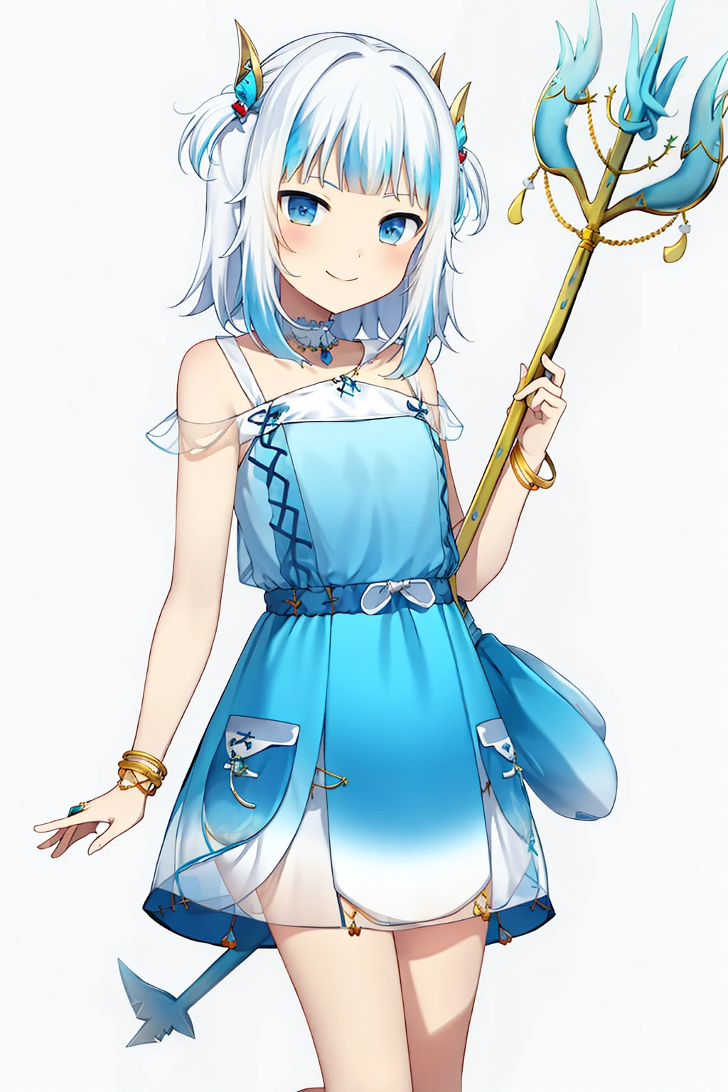 <lora:gura_v1.1-000010:0.9>, gawr gura, gura_ocean_outfit, 1girl, solo, best quality, masterpiece, highres, looking at viewer, cowboyshot, sandals, gold accessories, blue trident, hold trident, white and blue transparent dress, (solid white background: 1.3), hair ornament, smile, front view