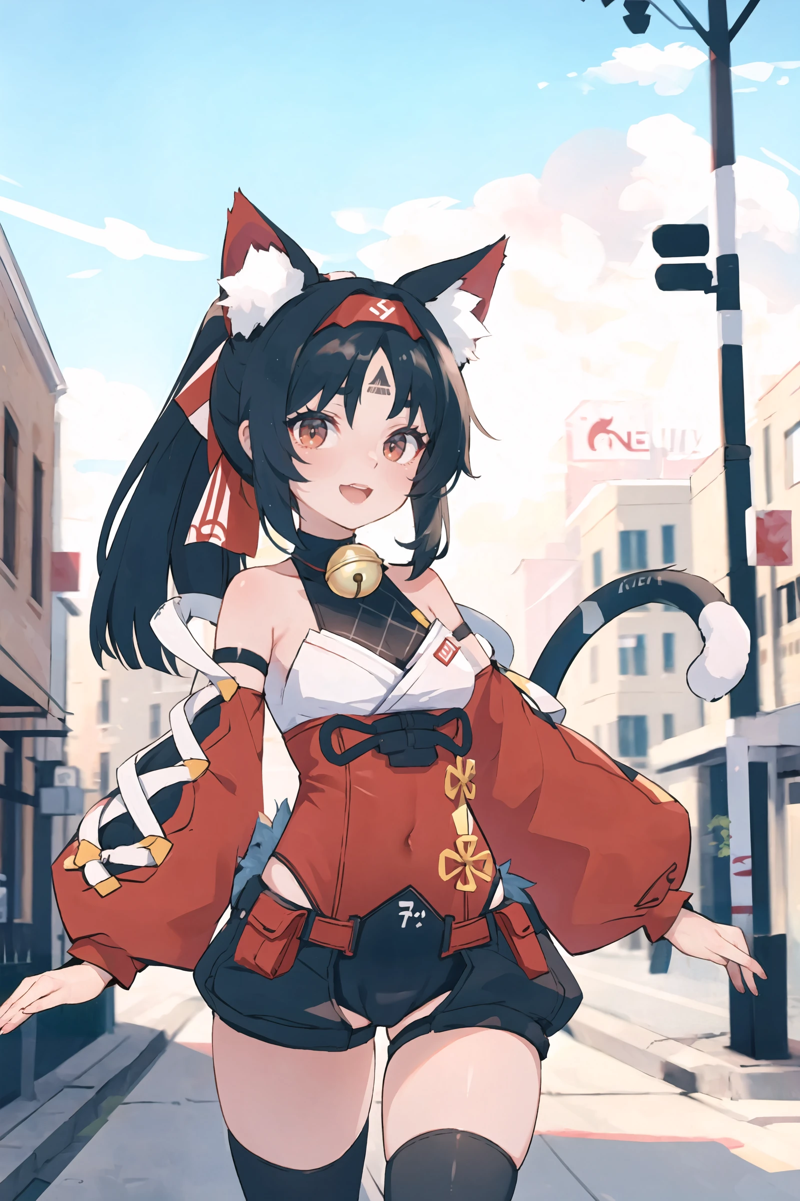 1girl, nekomiya mana, solo, neck bell, hairband, two tails, detached sleeves, black thighhighs, ponytail, red leotard, leotard under clothes, black shorts, hair ribbon, forehead mark, looking at viewer, smiling, open mouth, street, outdoors, depth of field, standing, cowboy shot