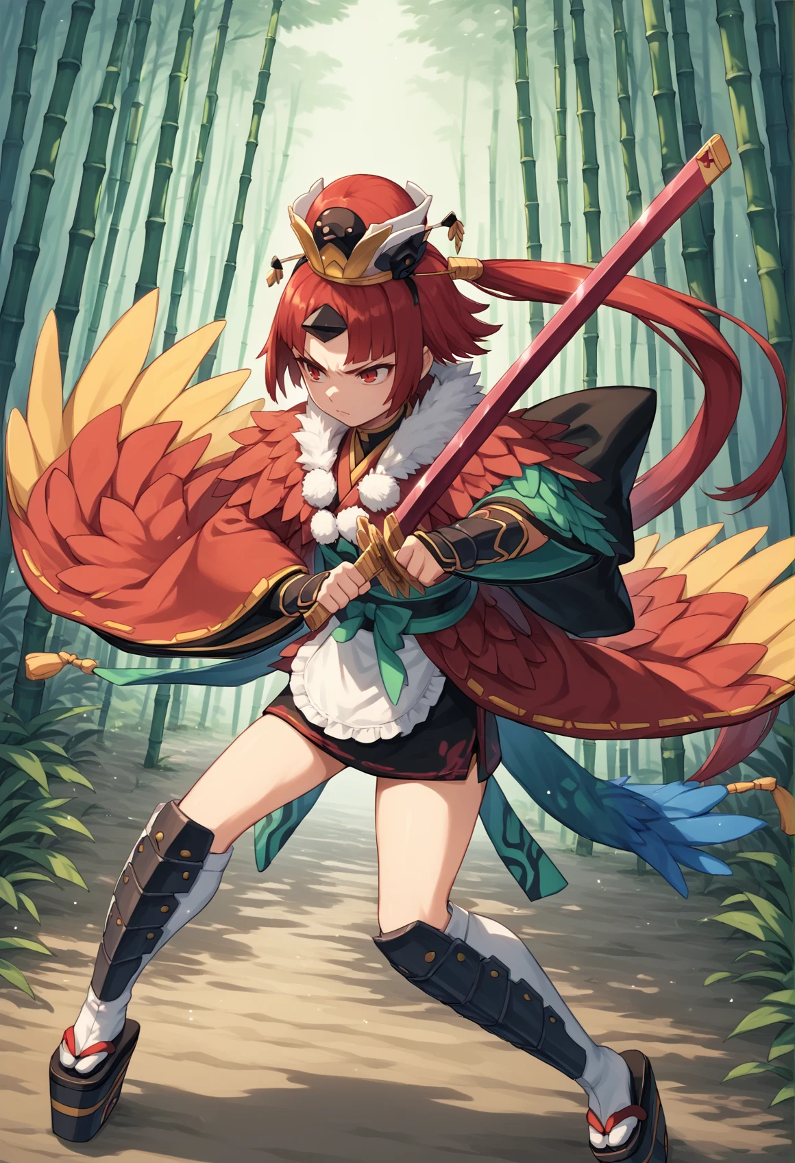 1girl, red eyes, red hair, yellow hair, long hair, Multicolored Hair, low ponytail, single horn, crown, japanese clothes, kimono, wide sleeves, apron, feather trim, feathers, multicolored cape, wings, greaves, platform footwear. outdoors, bamboo forest, holding sword, katana, fighting stance, serious, <lora:Dechi:1>, score_9, score_8_up, score_7_up, score_6_up, score_5_up, score_4_up, BREAK source_anime, masterpiece