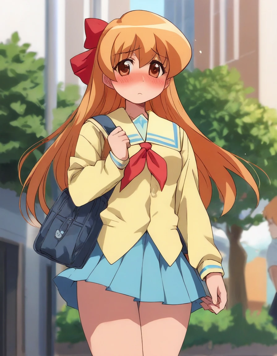 <lora:Smooth Anime 2 Style SDXL_LoRA_Pony Diffusion V6 XL:0.8> score_9, score_8_up, score_7_up,  score_6_up, score_5_up, score_4_up,  source_anime,  BREAK,  <lora:Shiratori Suzune PONY:1> 1girl, shiratori suzune, long orange hair, hair bow, brown eyes, blonde hair, yellow school uniform, skirt, blushing, outside, sunny