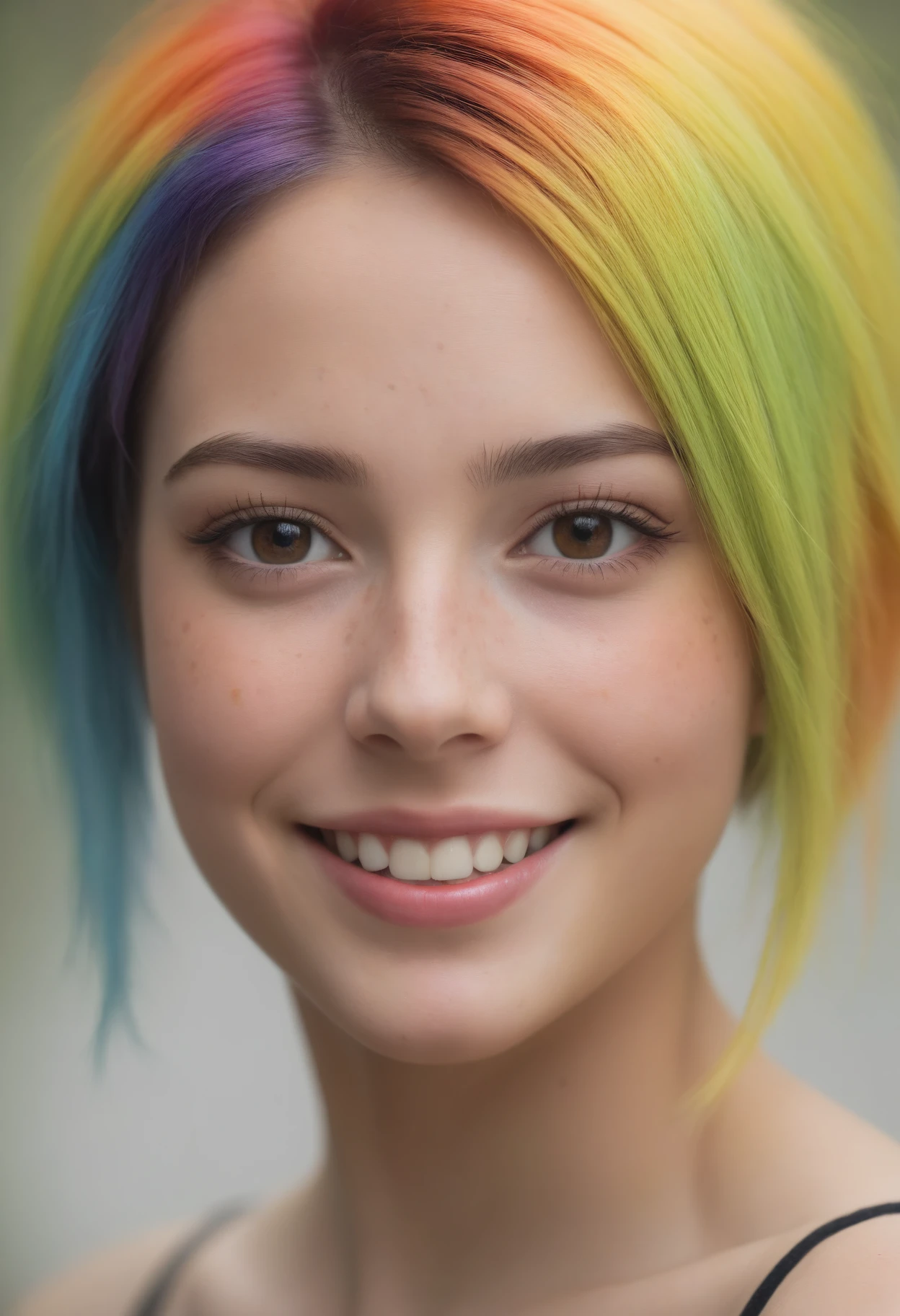 beautiful lady,(freckles),big smile,brown hazel eyes,Short hair,rainbow color hair,dark makeup,hyperdetailed photography,soft light,head and shoulders portrait,cover,