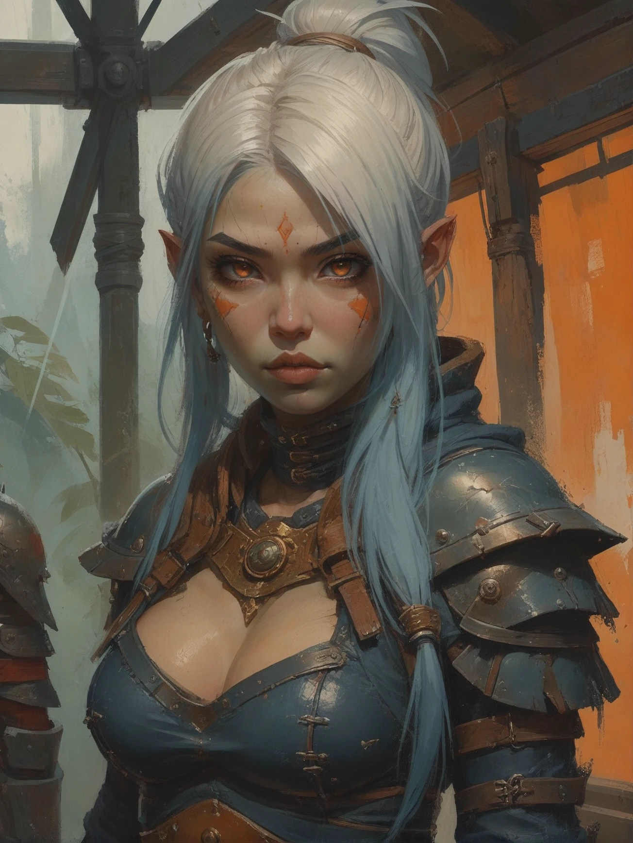 digital painting, 1girl, woman, stoic orc amazon shamaness, toned, armor, (warpaint:1), fur cape, own hands clasped, bombshell hair, brushed color:mediumpurple metal hair with orange highlights, Curtain Bangs, navy clothes, medium breasts, narrow waist, tall, athletic thicc toned perfect hourglass figure,(muscular legs:0.6), skindentation, japanese, seductive smile, Corporate Boardroom with Advanced Surveillance \(room\) in a idyllic,beautiful scifi town in a Cloud Forest<lora:EnvyStarlightGritty01:1>