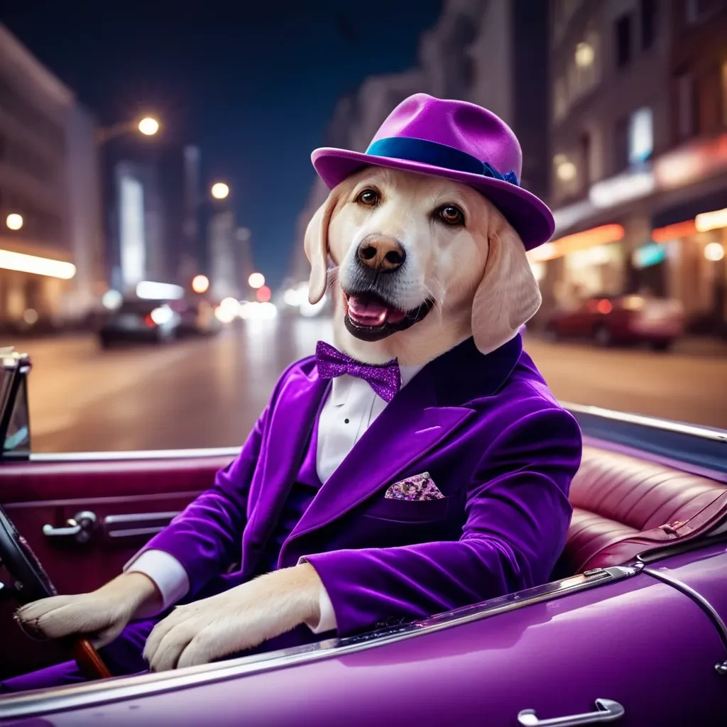 retro style Labrador Dog wearing  purple velvet  suit with fedora hat with feather, pimp, driving convertible car in city at night  <lora:Labrador Dog:1.2>