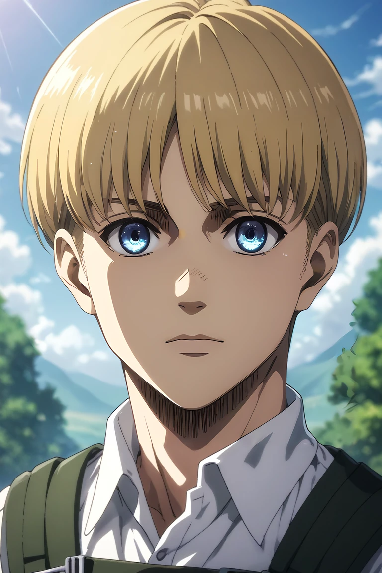 score_9, score_8_up, score_7_up, source_anime, rating_safe, intricate details, , looking at viewer, depth of field, 1boy, solo, male focus, <lora:armin_arlert_pony:0.92>, armin_arlert, blonde hair, blue eyes, very short hair, bowl cut, symmetry, fantasy land, dawn, the pose, sparkling eyes, , <lora:sdxl_lightning_8step_lora:1>