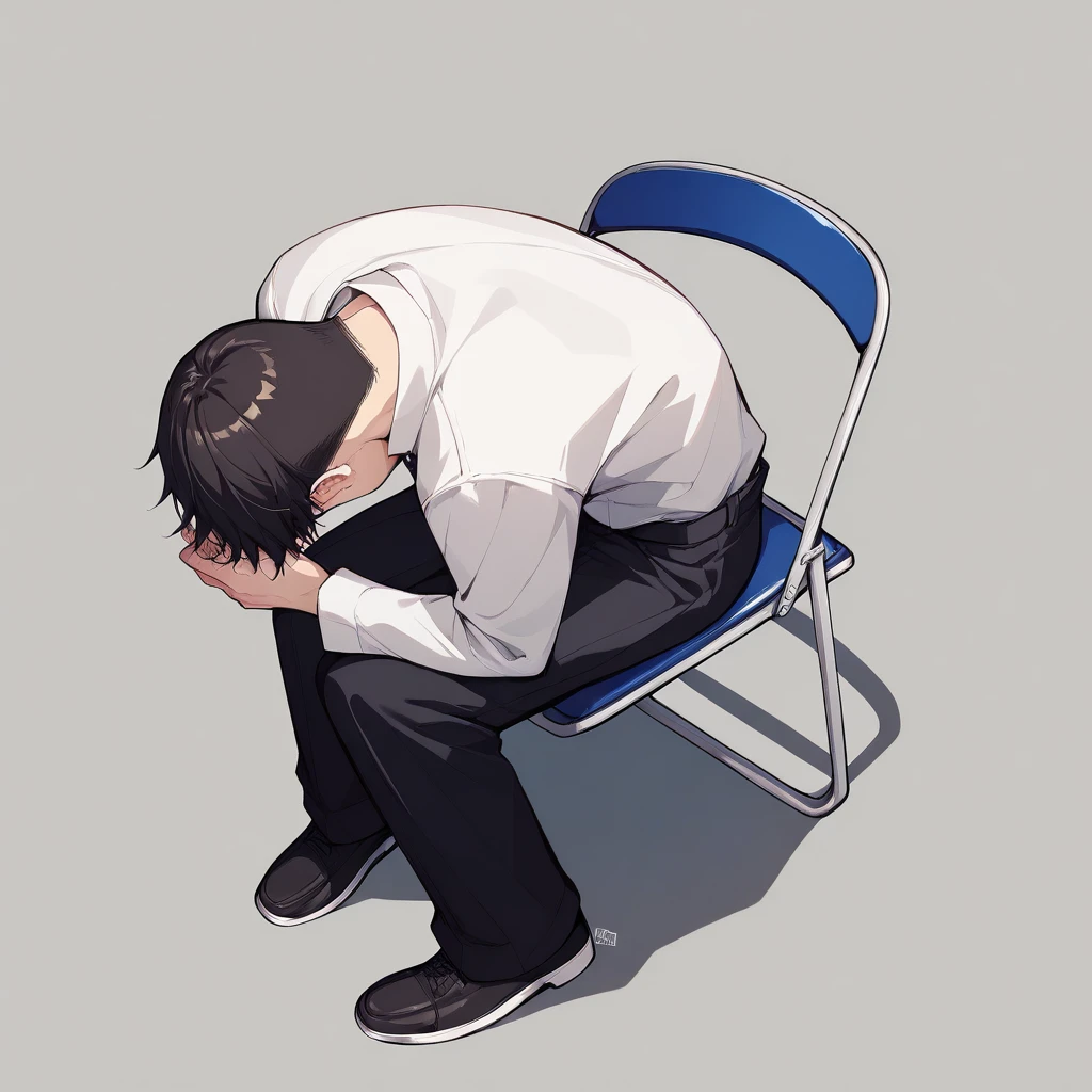 <lora:XL_shinji_in_a_chair_(meme)(pony)-000002:1>,sitting,folding chair,boy,, score_9,score_8_up,score_7_up,best quality, masterpiece, source_anime,