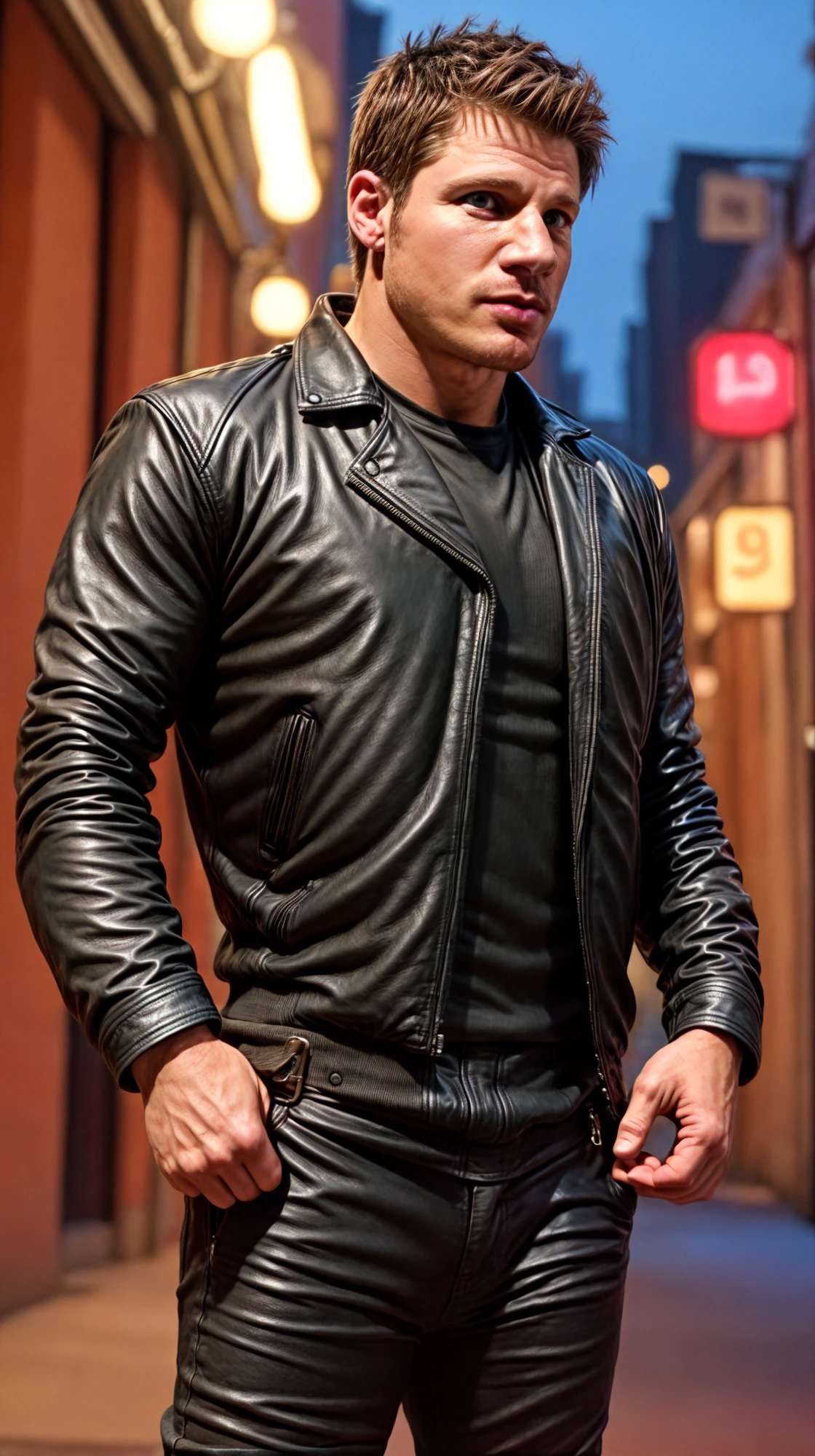 <lora:BulkedUpAIR1.5:0.25>, handsome face, (close up shot:0.7), at night alley, wearing tight black leather pants, night time:1.3, (muscular guy wearing long flowing black leather jacket:1.3), soft light, realistic skin textures, confident, handsome, (((masterpiece))), (((best quality))), <lora:more_details:1.1>, (realistic detailed eyes:1.2), ((hands on waist), (short hair), male, lower color saturation:1, lower contract color:1, caucasian, white guy, <lora:Nick98DegreesLachey (1):1>, Nick98DegreesLachey