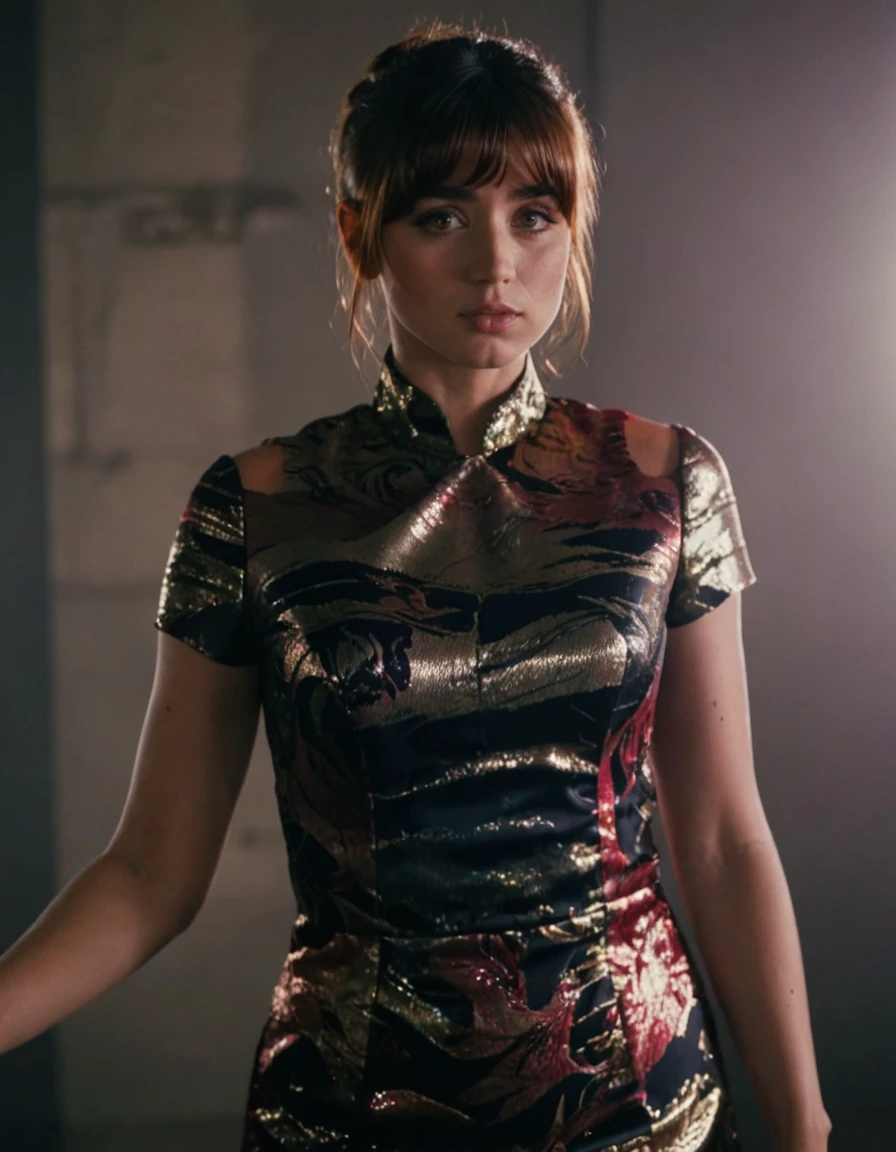 j0i woman,her hair is styled with bangs ,dramatic lighting,volumetric lighting,film grain,cinematic,looking at camera,depth of field,bokeh,wearing multicolored dress