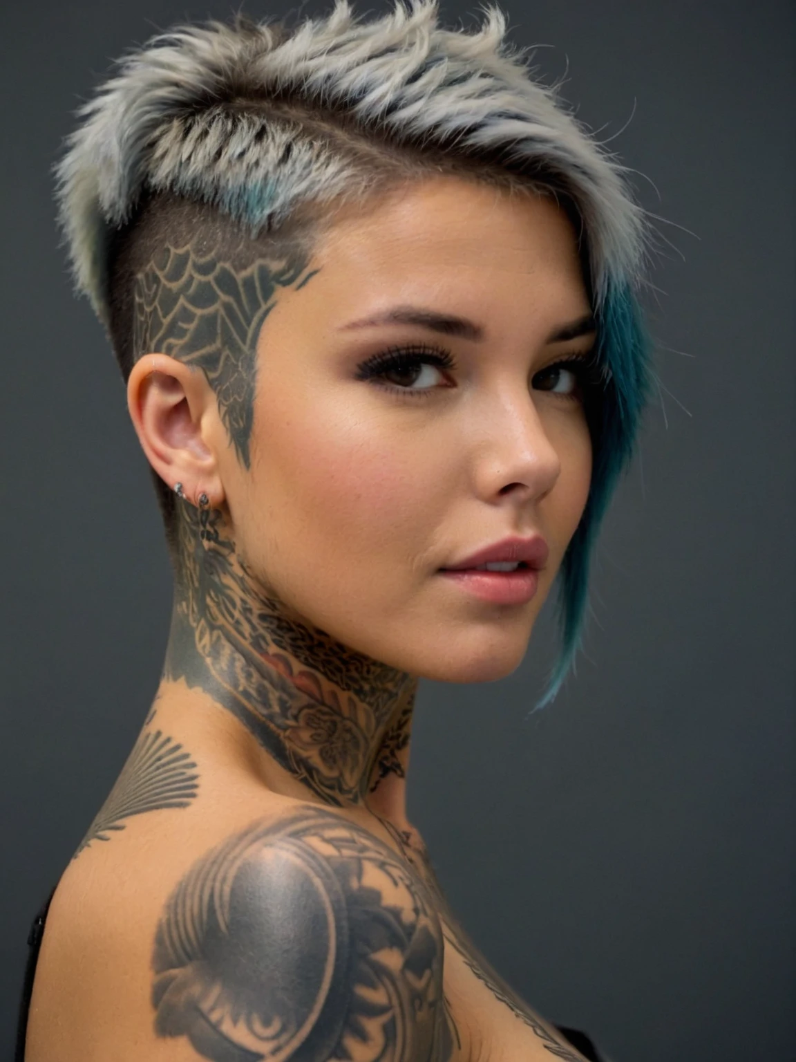 portrait photo of a woman, tattoo, (shirt) <lora:Stef4n1_M:1> stef4n1_m