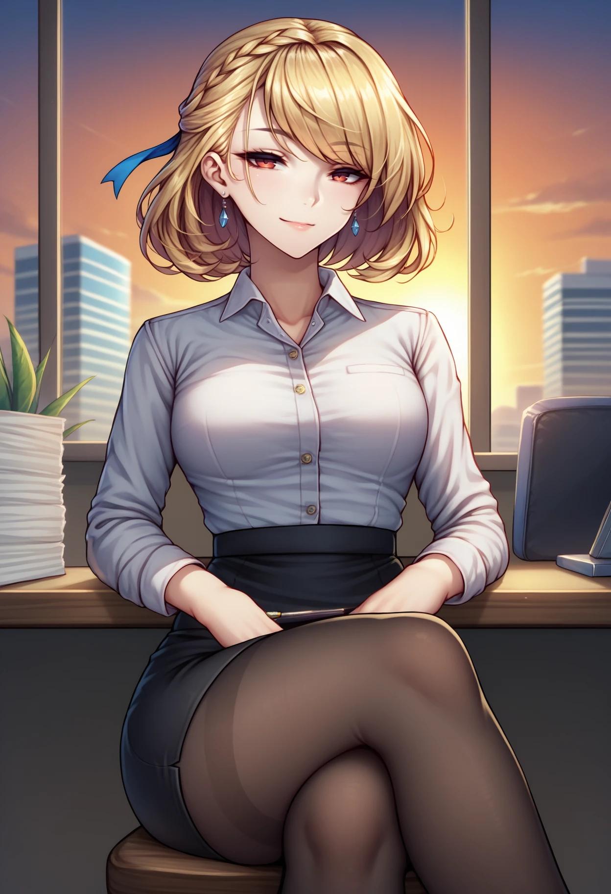 score_9, score_8_up, score_7_up, source_anime, 1girl, <lora:PrinceOfWales_XLPD:1>, IncrsPrncWlsDef, red eyes, french braid, short hair, bangs, hair ribbon, jewelry, earrings, office lady, office, black pantyhose, pencil skirt, shirt, sitting, window, sunset, crossed legs, seductive smile,